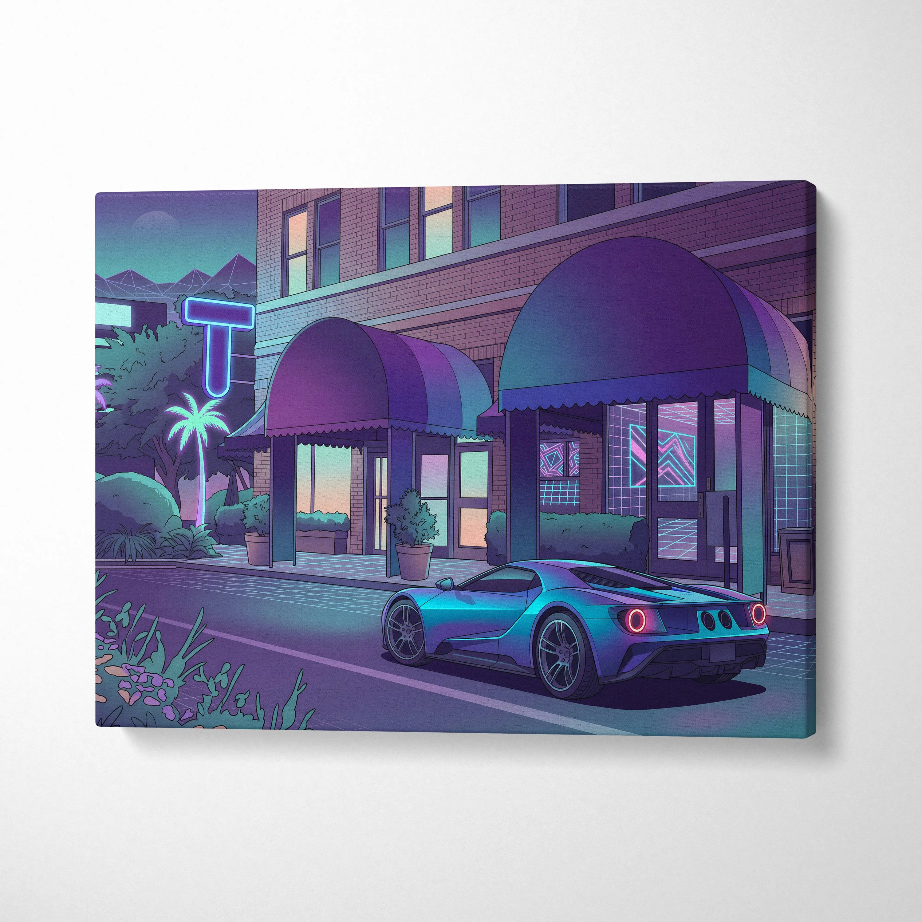Ford GT Inspired Blue Purple Canvas Wall Art Vaporwave Supercar Artwork Neon Hotel Street Garage Decor Retro Futuristic City Print