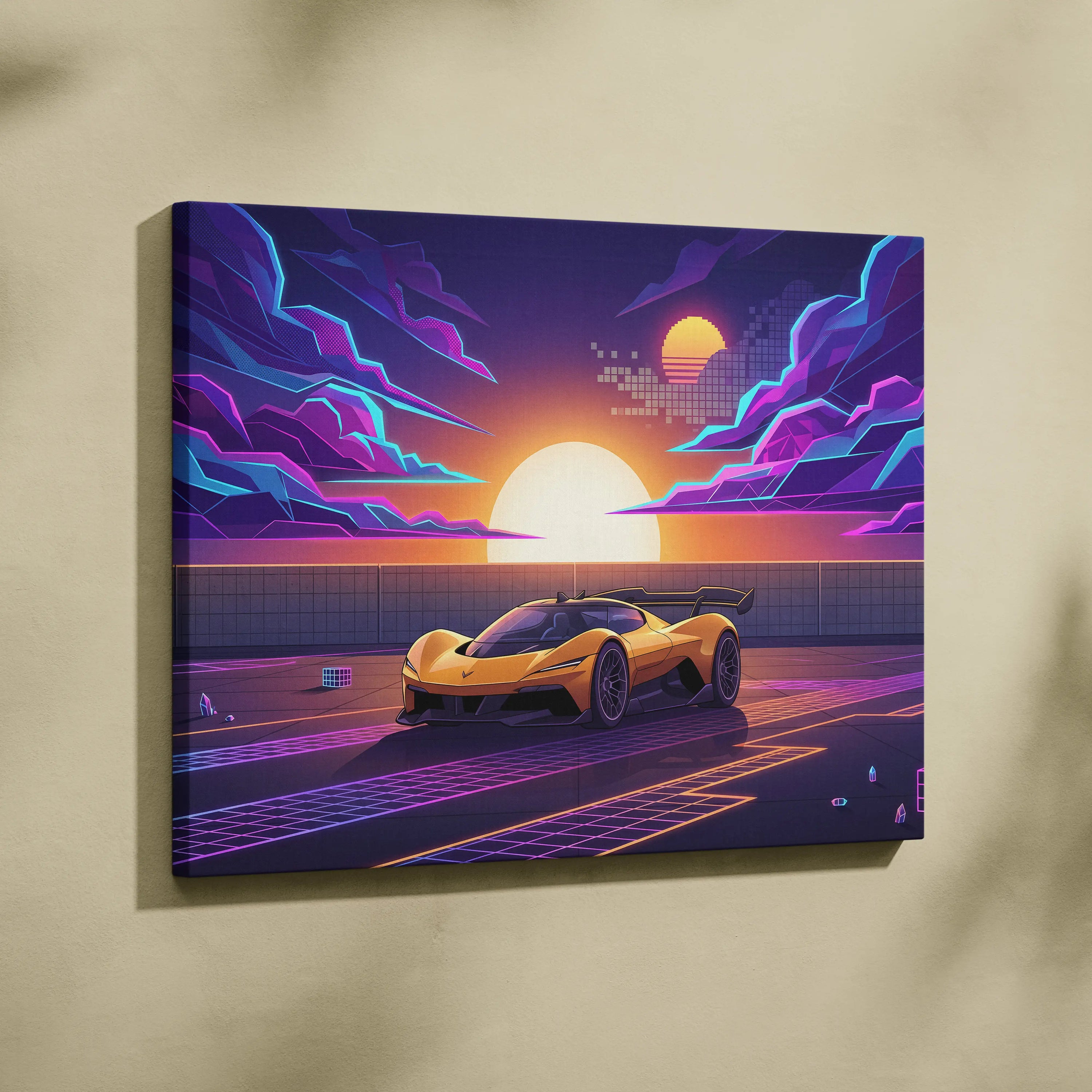Chevrolet Corvette CX Concept Inspired Yellow Purple Canvas Wall Art, Vaporwave Sports Car Artwork, Neon Grid Garage Decor, Retro Futuristic Auto Print