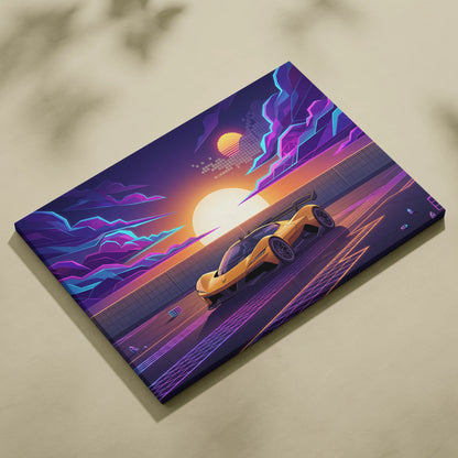 Chevrolet Corvette CX Concept Inspired Yellow Purple Canvas Wall Art, Vaporwave Sports Car Artwork, Neon Grid Garage Decor, Retro Futuristic Auto Print