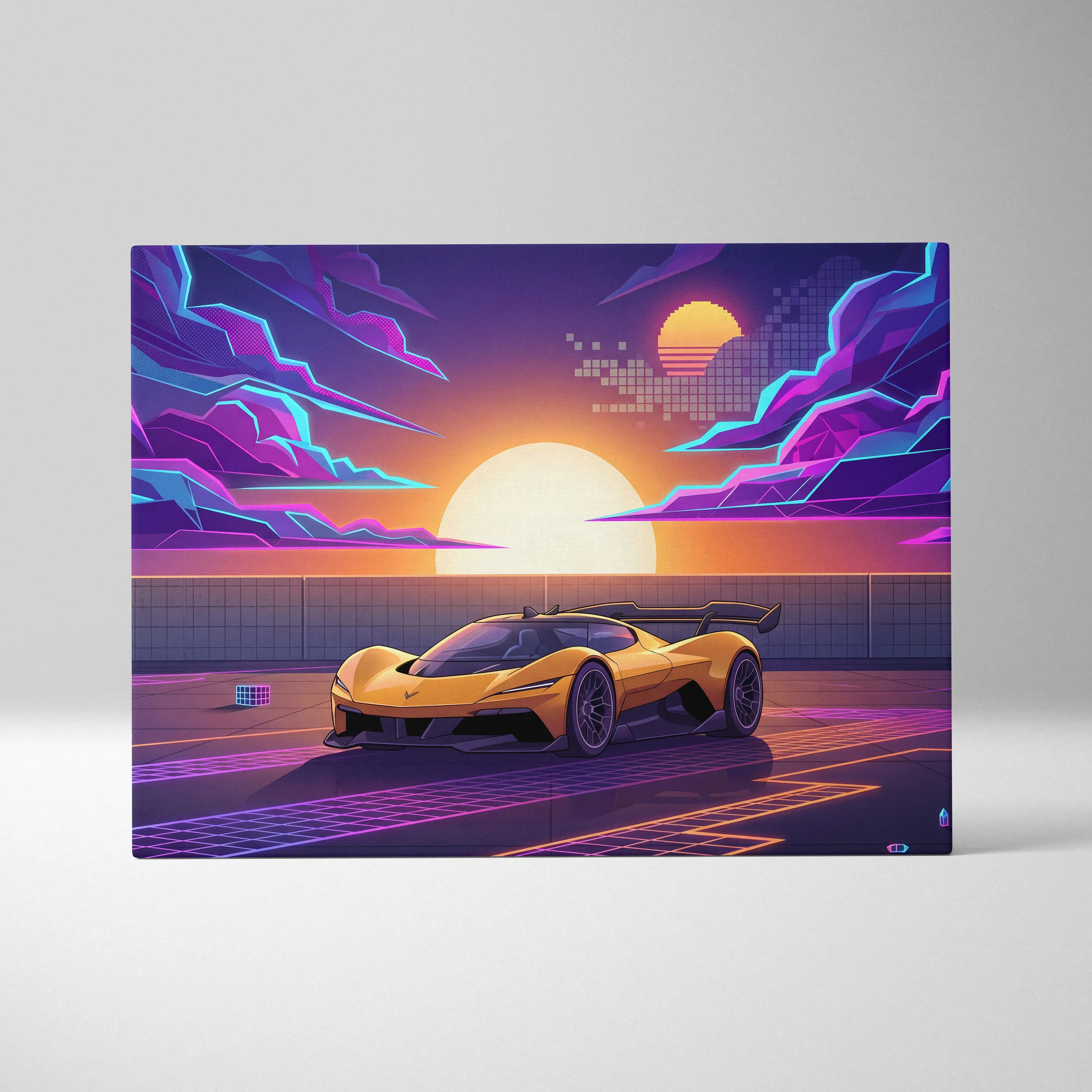 Chevrolet Corvette CX Concept Inspired Yellow Purple Canvas Wall Art, Vaporwave Sports Car Artwork, Neon Grid Garage Decor, Retro Futuristic Auto Print