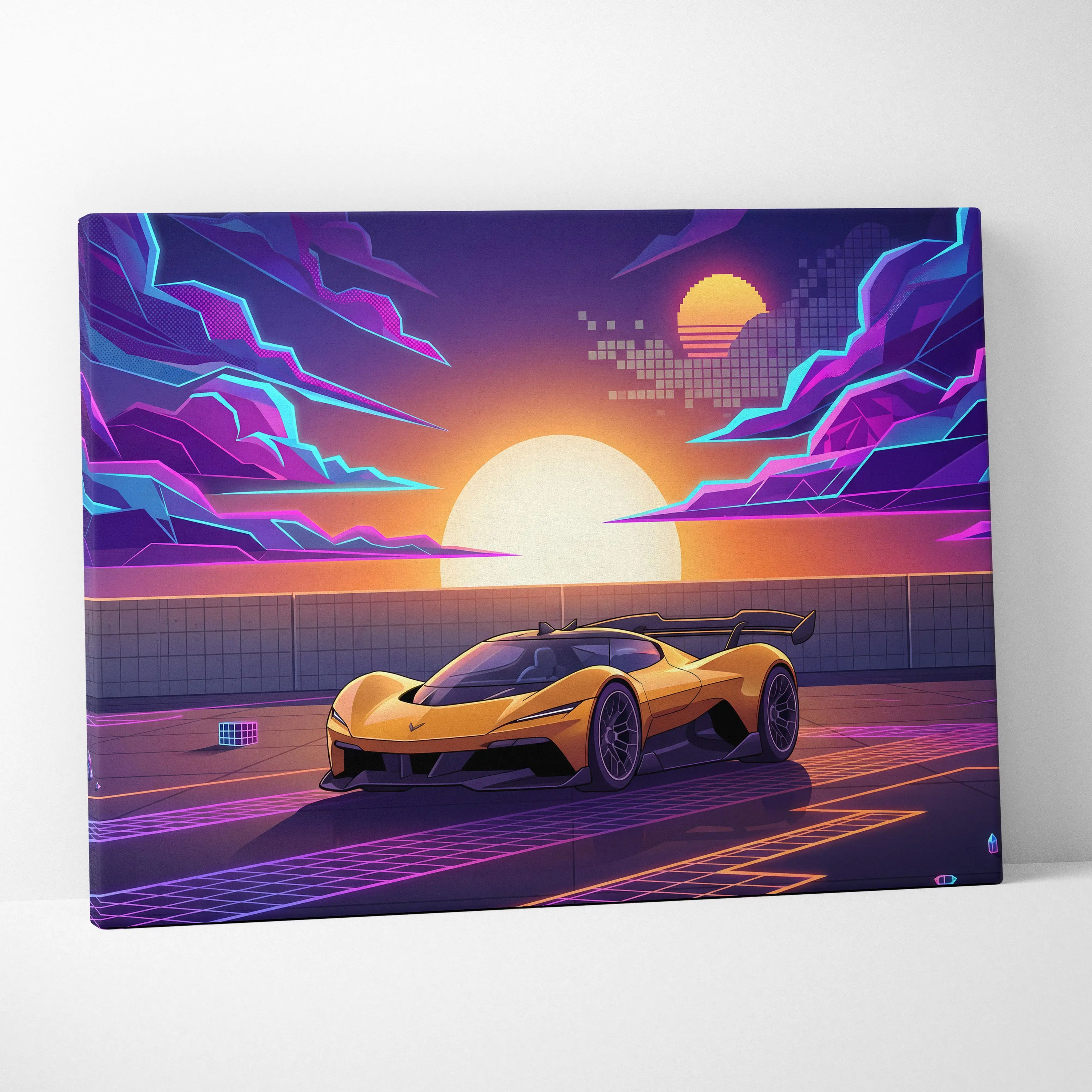 Chevrolet Corvette CX Concept Inspired Yellow Purple Canvas Wall Art, Vaporwave Sports Car Artwork, Neon Grid Garage Decor, Retro Futuristic Auto Print