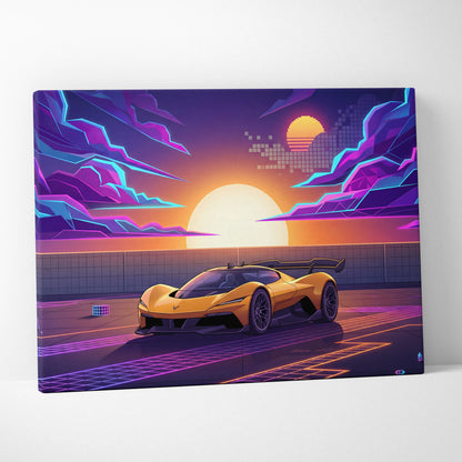 Chevrolet Corvette CX Concept Inspired Yellow Purple Canvas Wall Art, Vaporwave Sports Car Artwork, Neon Grid Garage Decor, Retro Futuristic Auto Print