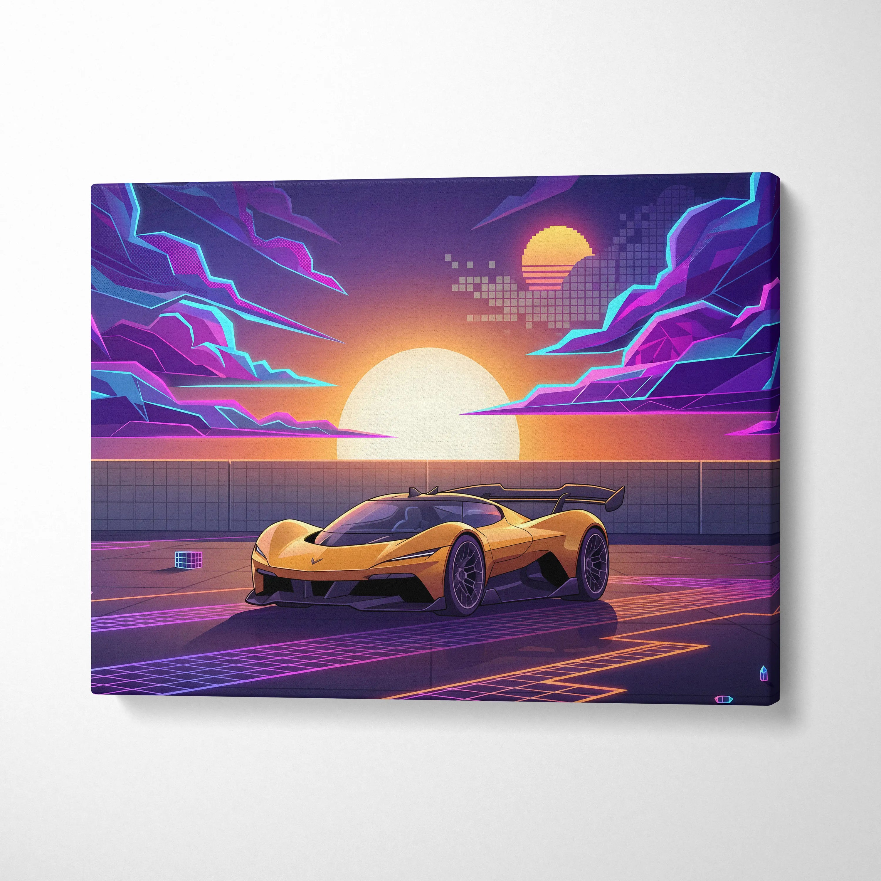 Chevrolet Corvette CX Concept Inspired Yellow Purple Canvas Wall Art, Vaporwave Sports Car Artwork, Neon Grid Garage Decor, Retro Futuristic Auto Print