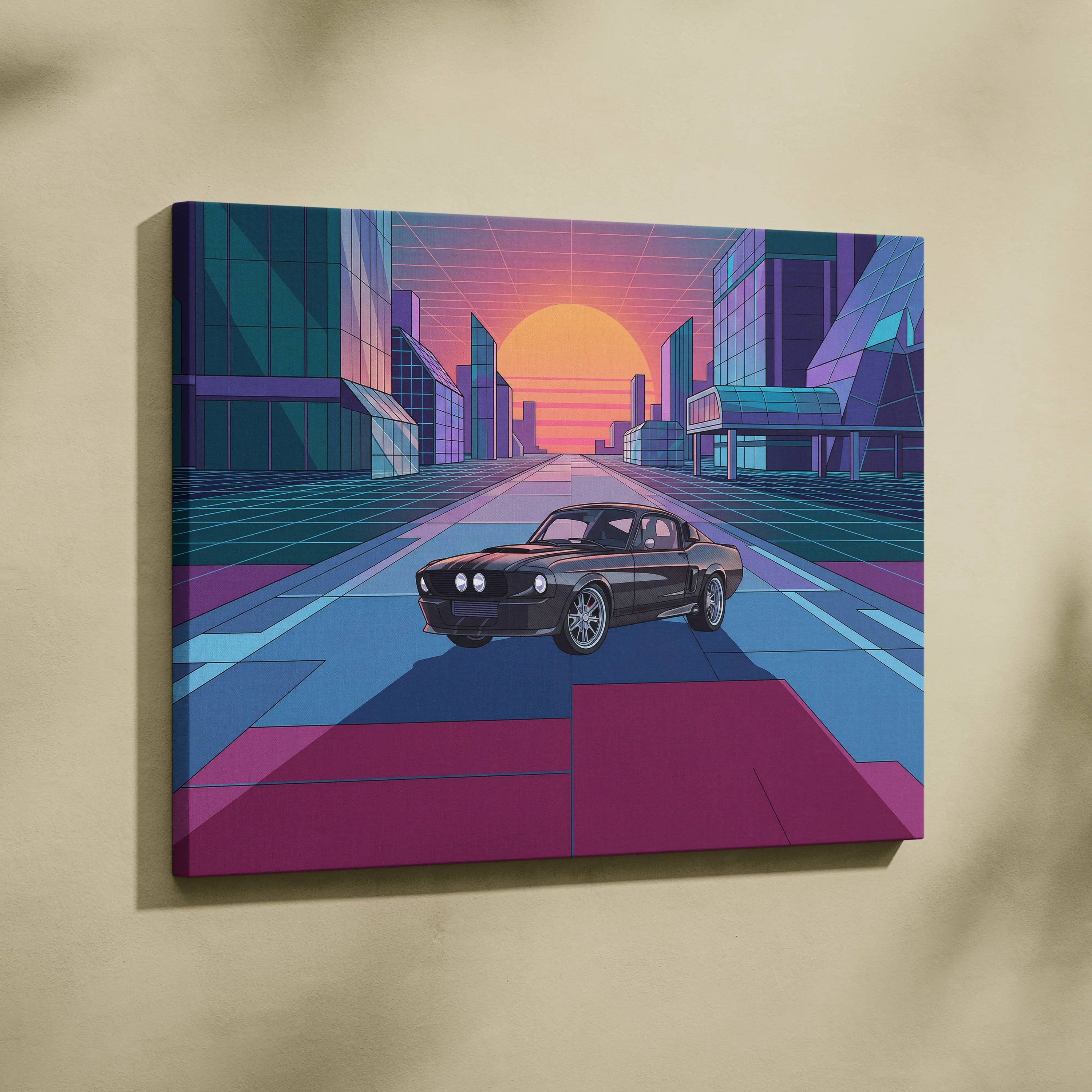 Ford Mustang Shelby GT500 Inspired Black Pink Canvas Wall Art, Vaporwave Muscle Car Artwork, Neon City Garage Decor, Retro Futuristic Print