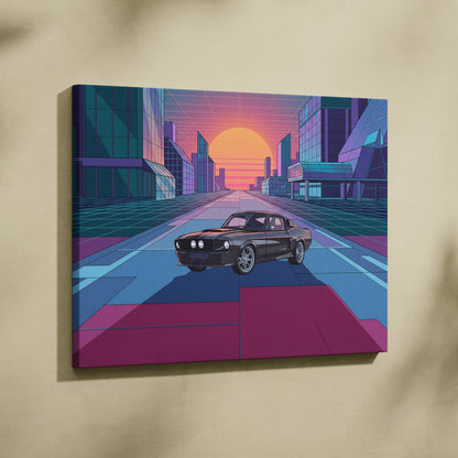 Ford Mustang Shelby GT500 Inspired Black Pink Canvas Wall Art, Vaporwave Muscle Car Artwork, Neon City Garage Decor, Retro Futuristic Print