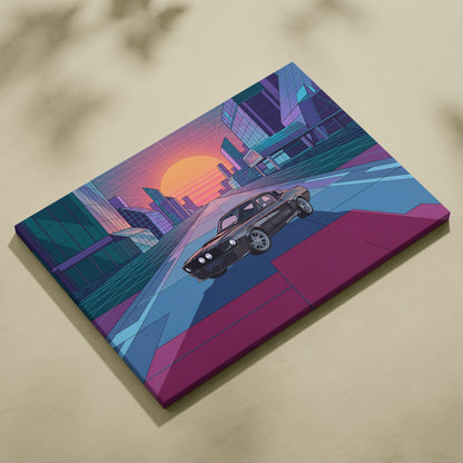 Ford Mustang Shelby GT500 Inspired Black Pink Canvas Wall Art, Vaporwave Muscle Car Artwork, Neon City Garage Decor, Retro Futuristic Print