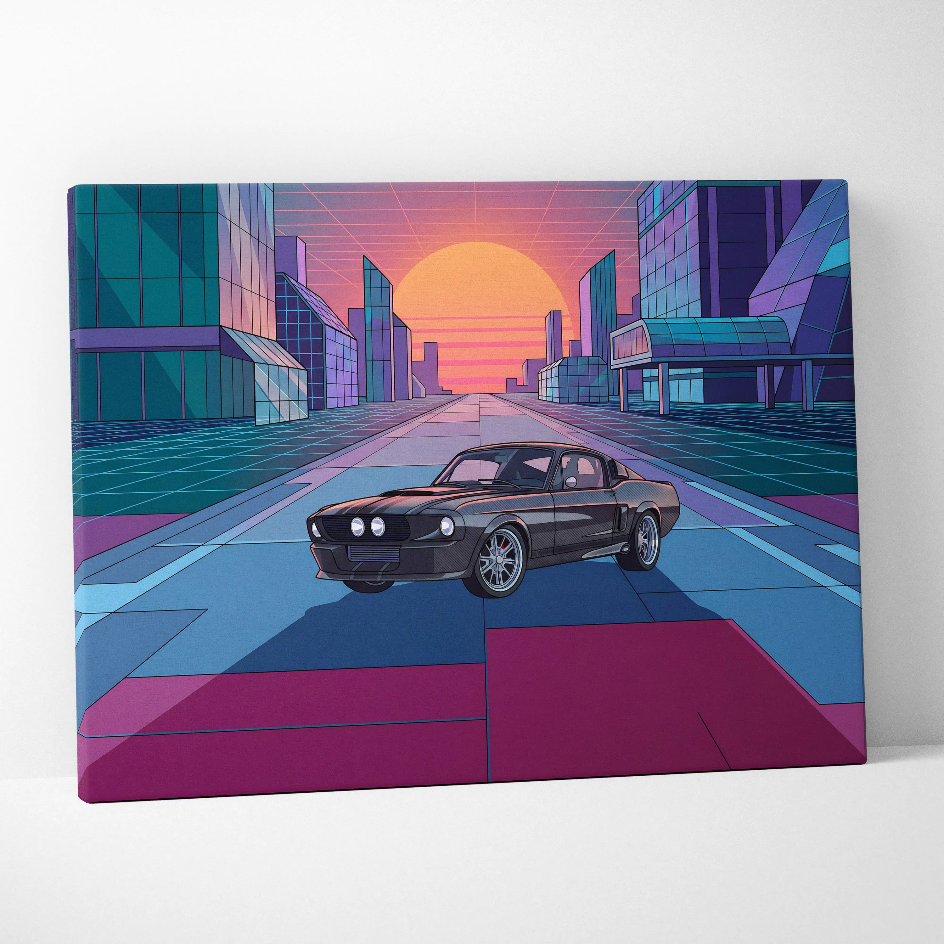 Ford Mustang Shelby GT500 Inspired Black Pink Canvas Wall Art, Vaporwave Muscle Car Artwork, Neon City Garage Decor, Retro Futuristic Print