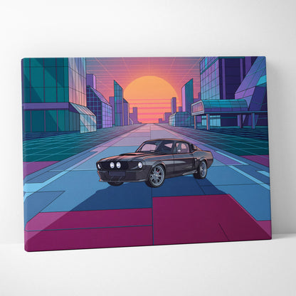 Ford Mustang Shelby GT500 Inspired Black Pink Canvas Wall Art, Vaporwave Muscle Car Artwork, Neon City Garage Decor, Retro Futuristic Print
