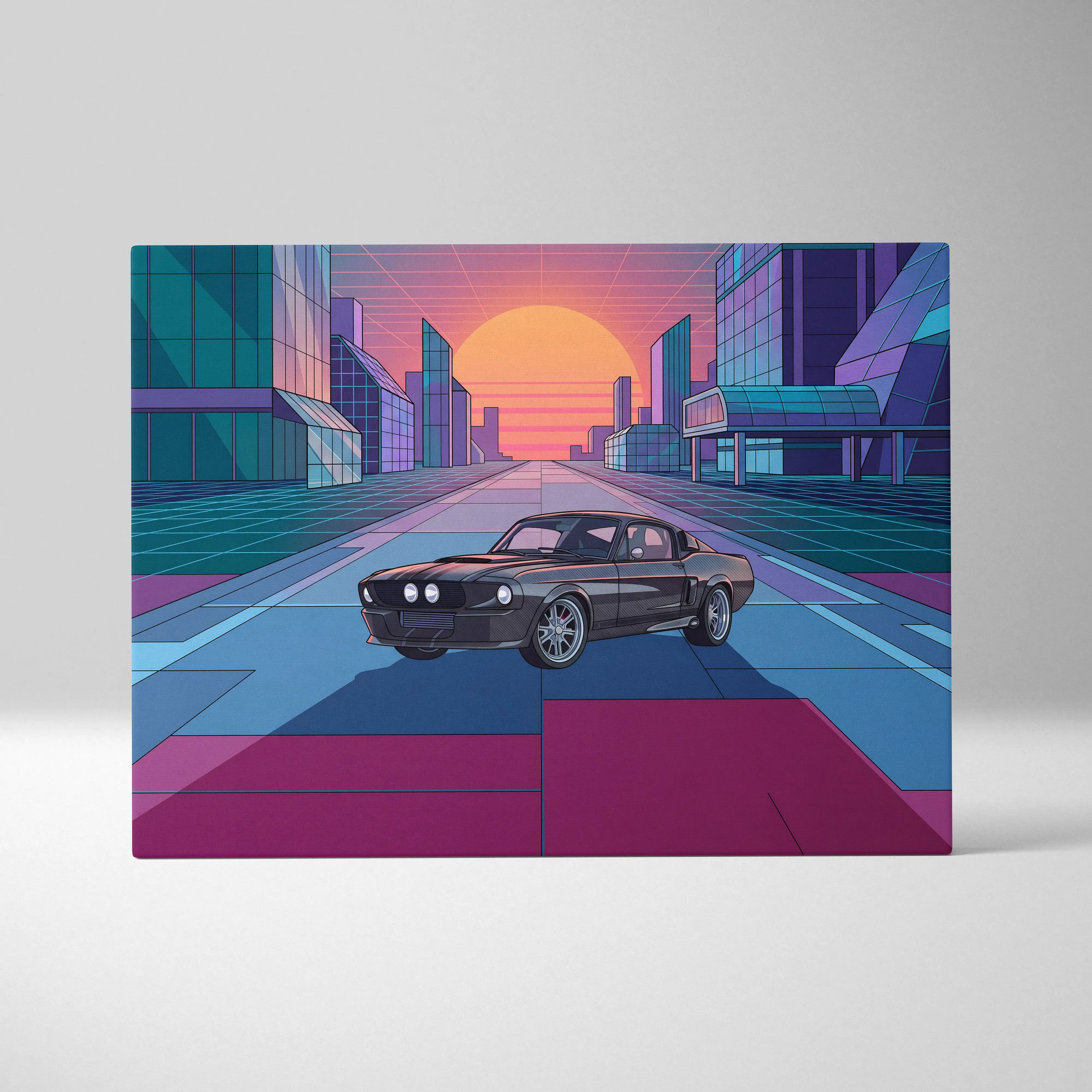 Ford mustang shelby gt500 inspired black pink canvas wall art with nostalgic retro-futuristic neon cityscape design