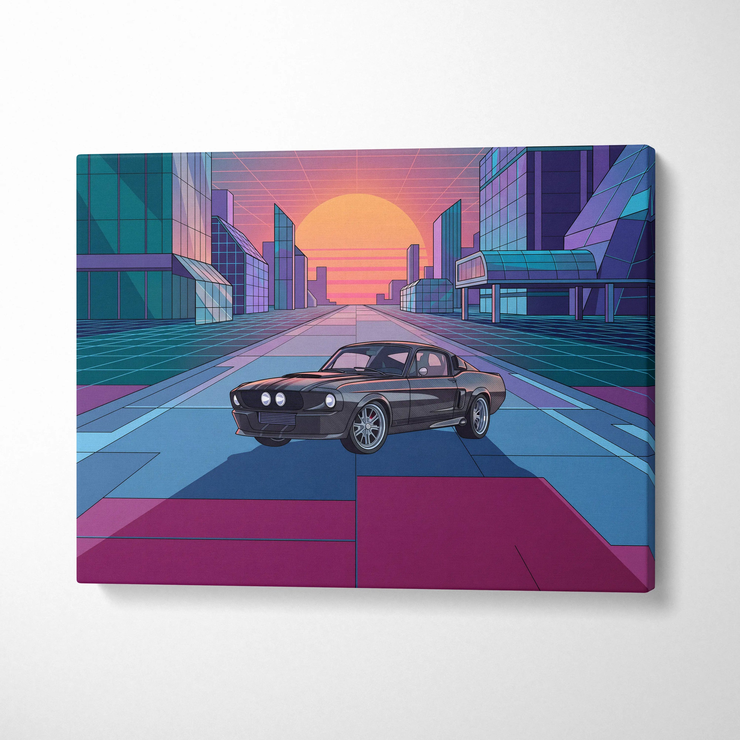 Ford Mustang Shelby GT500 Inspired Black Pink Canvas Wall Art, Vaporwave Muscle Car Artwork, Neon City Garage Decor, Retro Futuristic Print