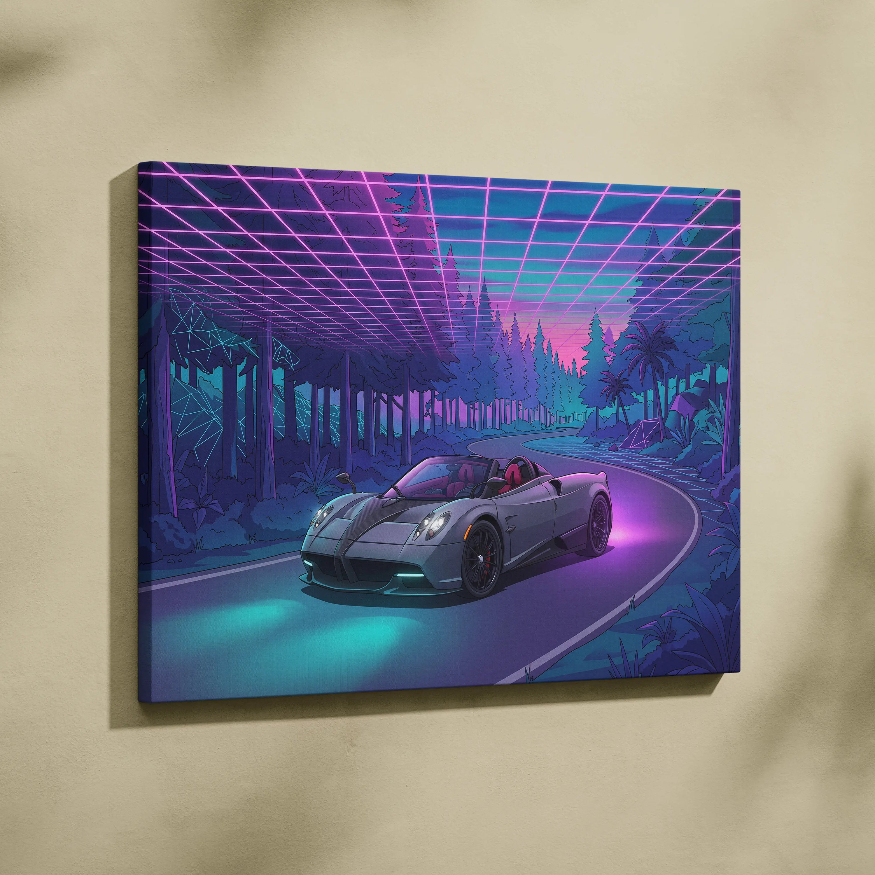 Pagani Huayra Roadster Inspired Gray Purple Canvas Wall Art Vaporwave Neon Forest Hypercar Artwork, Dreamy Cyberpunk Garage Decor