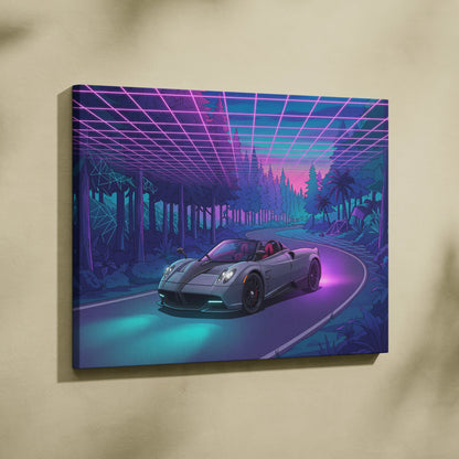 Pagani Huayra Roadster Inspired Gray Purple Canvas Wall Art Vaporwave Neon Forest Hypercar Artwork, Dreamy Cyberpunk Garage Decor