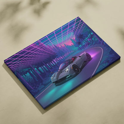 Pagani Huayra Roadster Inspired Gray Purple Canvas Wall Art Vaporwave Neon Forest Hypercar Artwork, Dreamy Cyberpunk Garage Decor