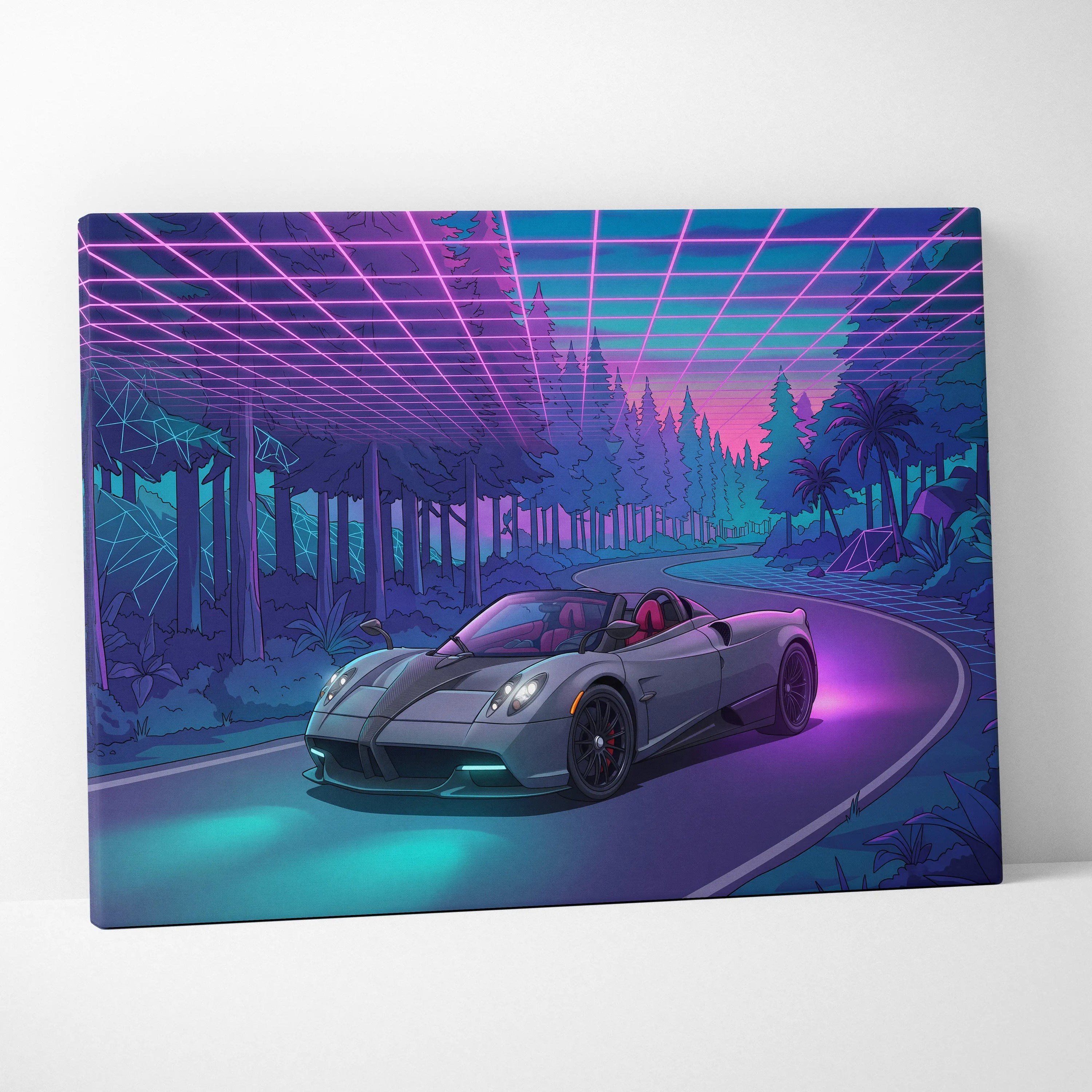 Pagani Huayra Roadster Inspired Gray Purple Canvas Wall Art Vaporwave Neon Forest Hypercar Artwork, Dreamy Cyberpunk Garage Decor