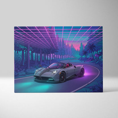 Pagani Huayra Roadster Inspired Gray Purple Canvas Wall Art Vaporwave Neon Forest Hypercar Artwork, Dreamy Cyberpunk Garage Decor