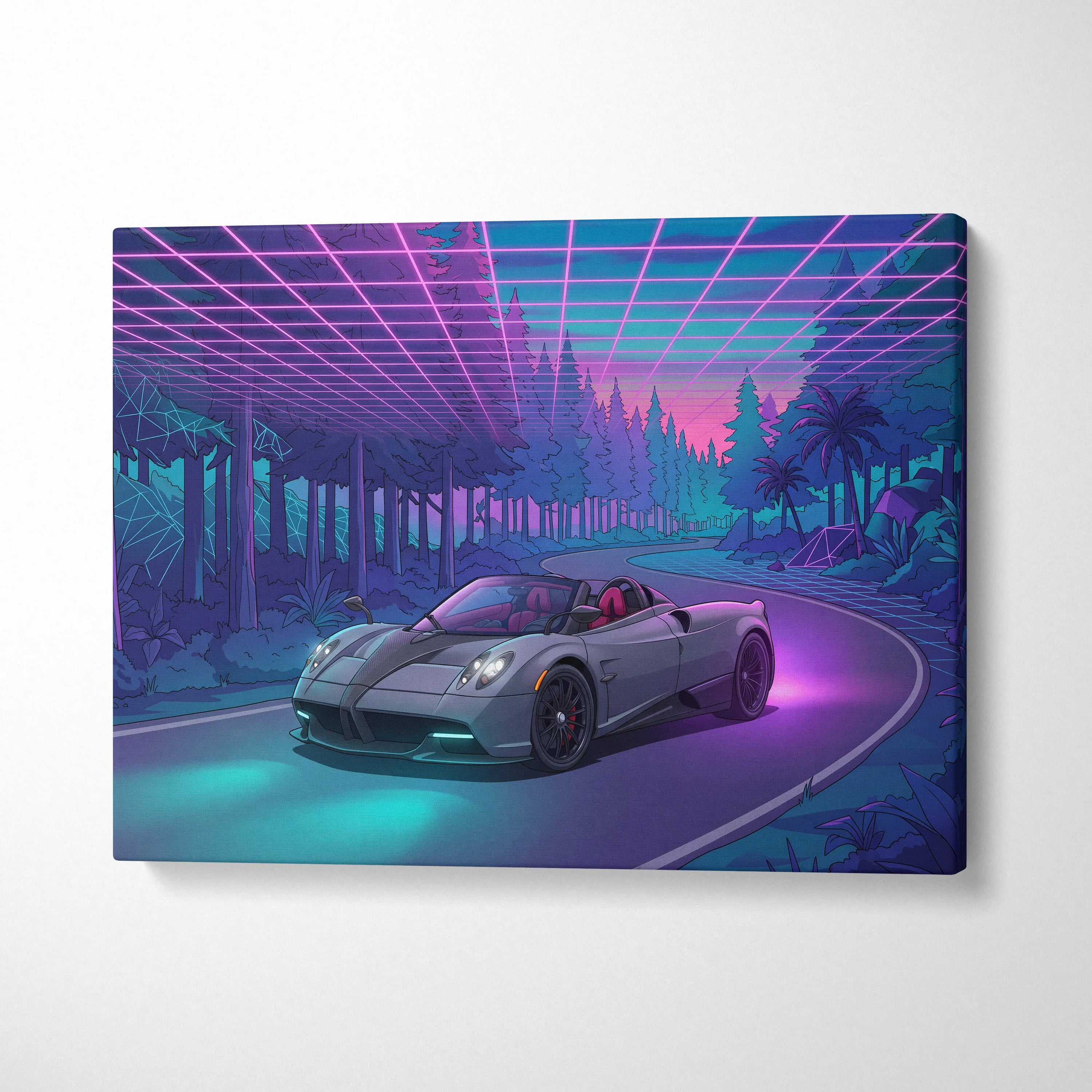 Pagani Huayra Roadster Inspired Gray Purple Canvas Wall Art Vaporwave Neon Forest Hypercar Artwork, Dreamy Cyberpunk Garage Decor