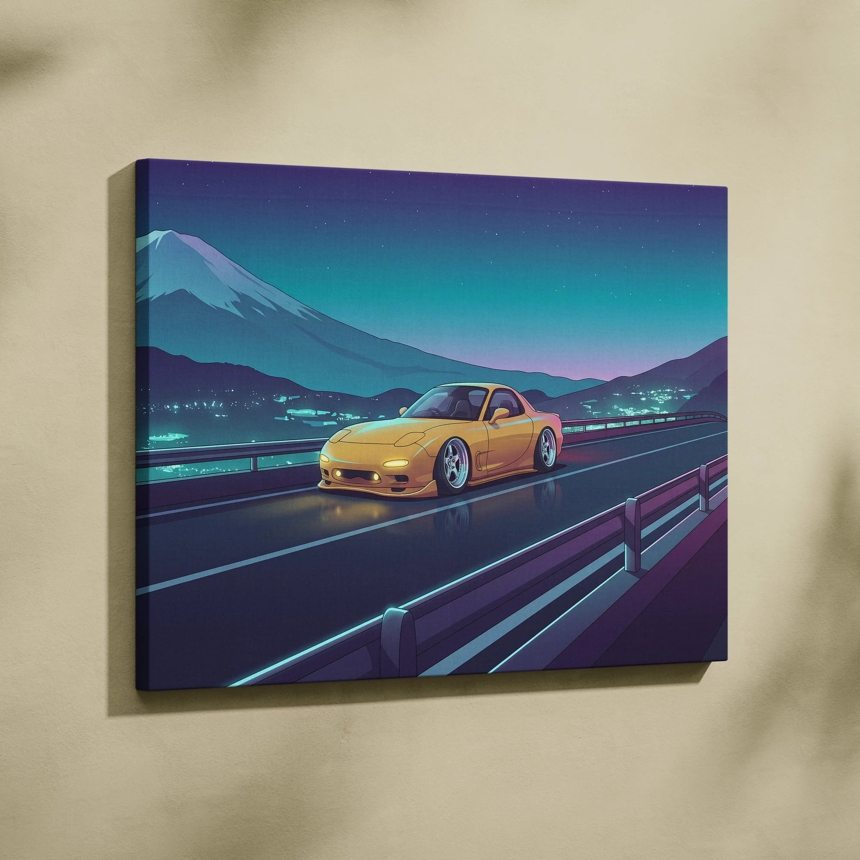 Mazda RX-7 FD Inspired Yellow Teal Canvas Wall Art Vaporwave JDM Sports Car Artwork Neon Mountain Road Garage Decor Retro Futuristic Night Print