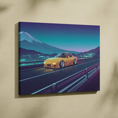 Mazda RX-7 FD Inspired Yellow Teal Canvas Wall Art Vaporwave JDM Sports Car Artwork Neon Mountain Road Garage Decor Retro Futuristic Night Print