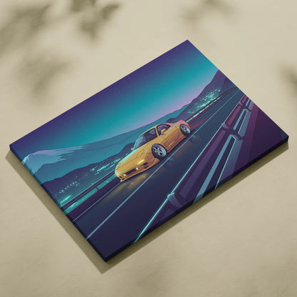 Mazda RX-7 FD Inspired Yellow Teal Canvas Wall Art Vaporwave JDM Sports Car Artwork Neon Mountain Road Garage Decor Retro Futuristic Night Print