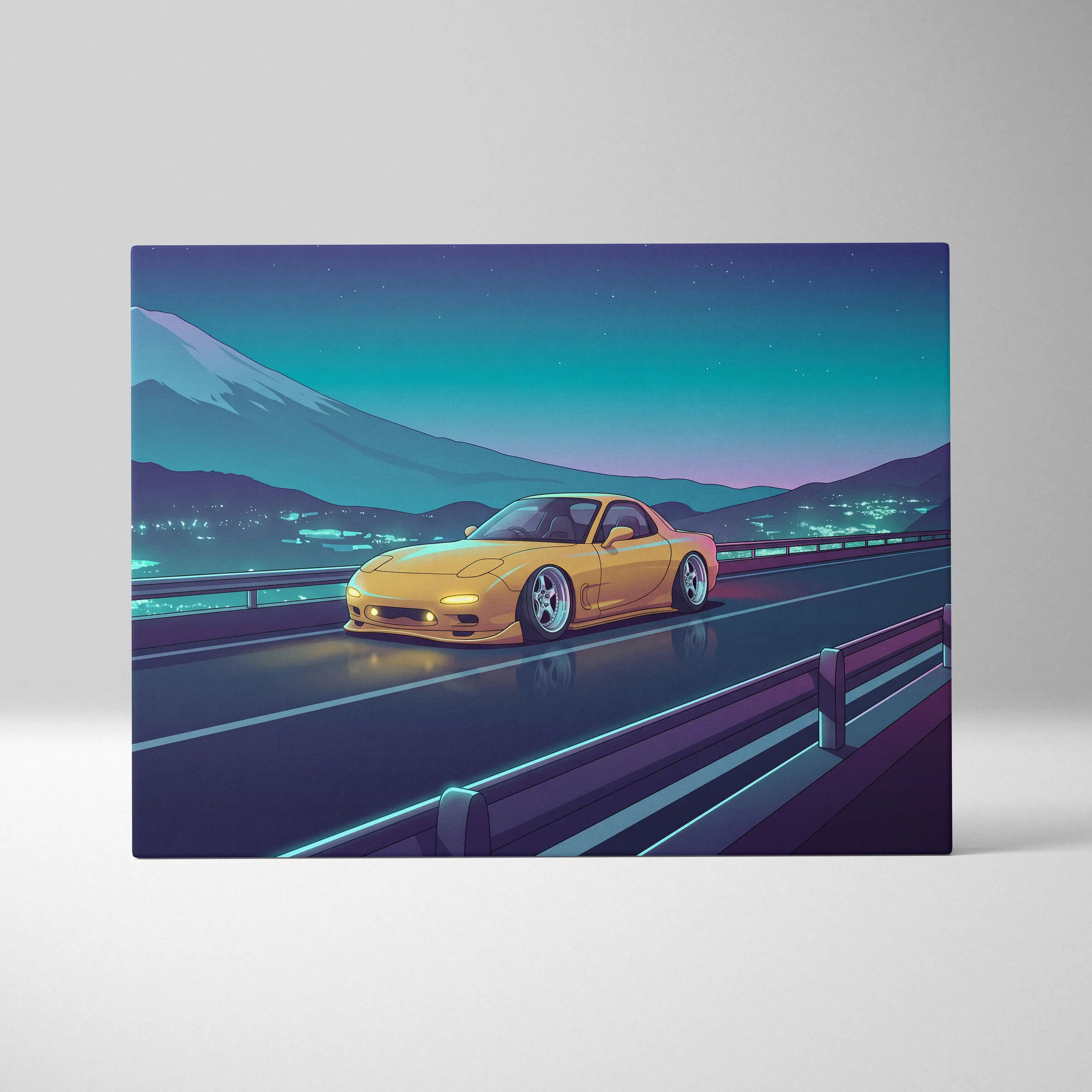Mazda RX-7 FD Inspired Yellow Teal Canvas Wall Art Vaporwave JDM Sports Car Artwork Neon Mountain Road Garage Decor Retro Futuristic Night Print