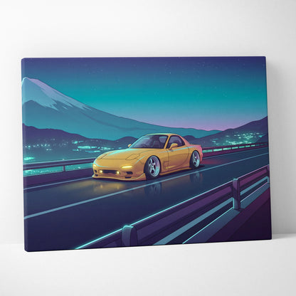 Mazda RX-7 FD Inspired Yellow Teal Canvas Wall Art Vaporwave JDM Sports Car Artwork Neon Mountain Road Garage Decor Retro Futuristic Night Print