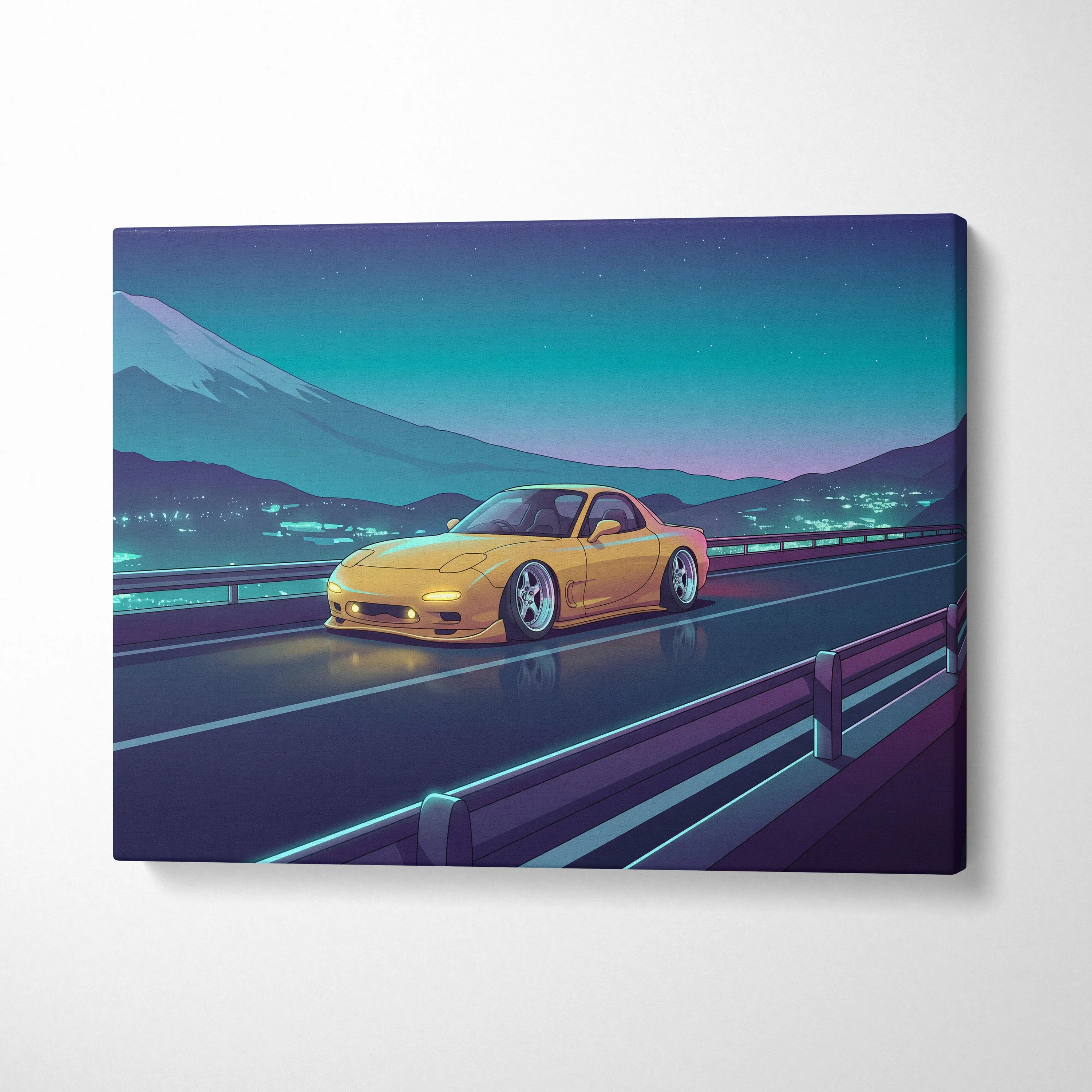Mazda RX-7 FD Inspired Yellow Teal Canvas Wall Art Vaporwave JDM Sports Car Artwork Neon Mountain Road Garage Decor Retro Futuristic Night Print