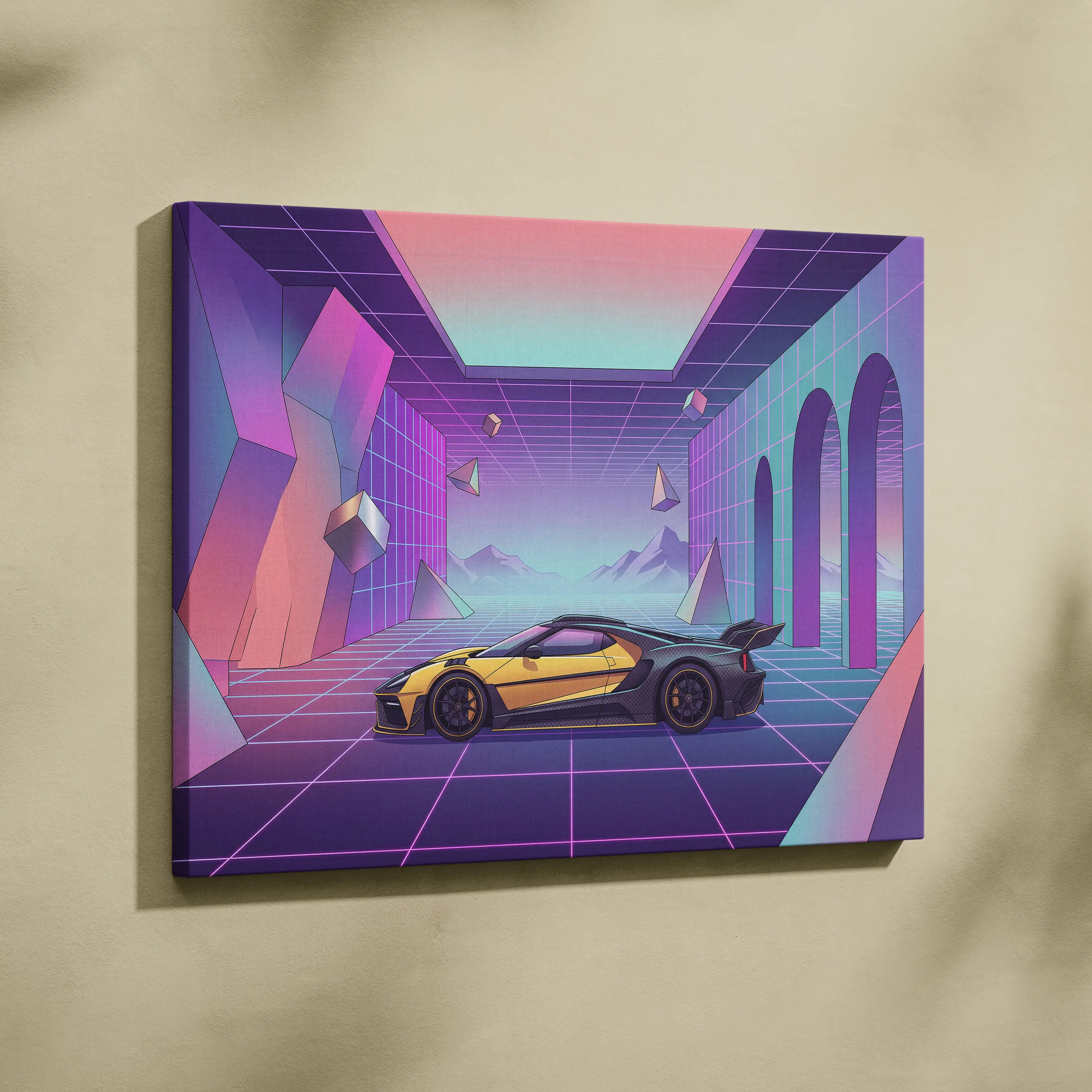 Ford GT Inspired Yellow Purple Canvas Wall Art, Pastel Vaporwave Supercar Artwork for Futuristic Garage Decor