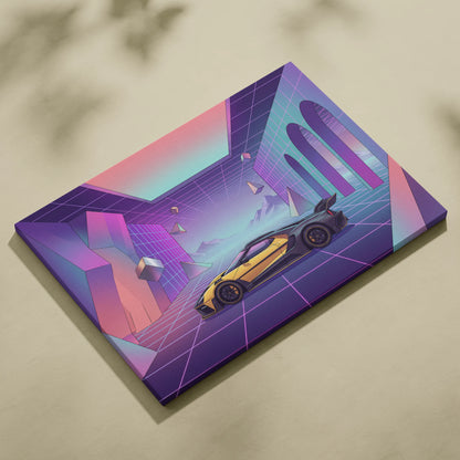 Ford GT Inspired Yellow Purple Canvas Wall Art, Pastel Vaporwave Supercar Artwork for Futuristic Garage Decor