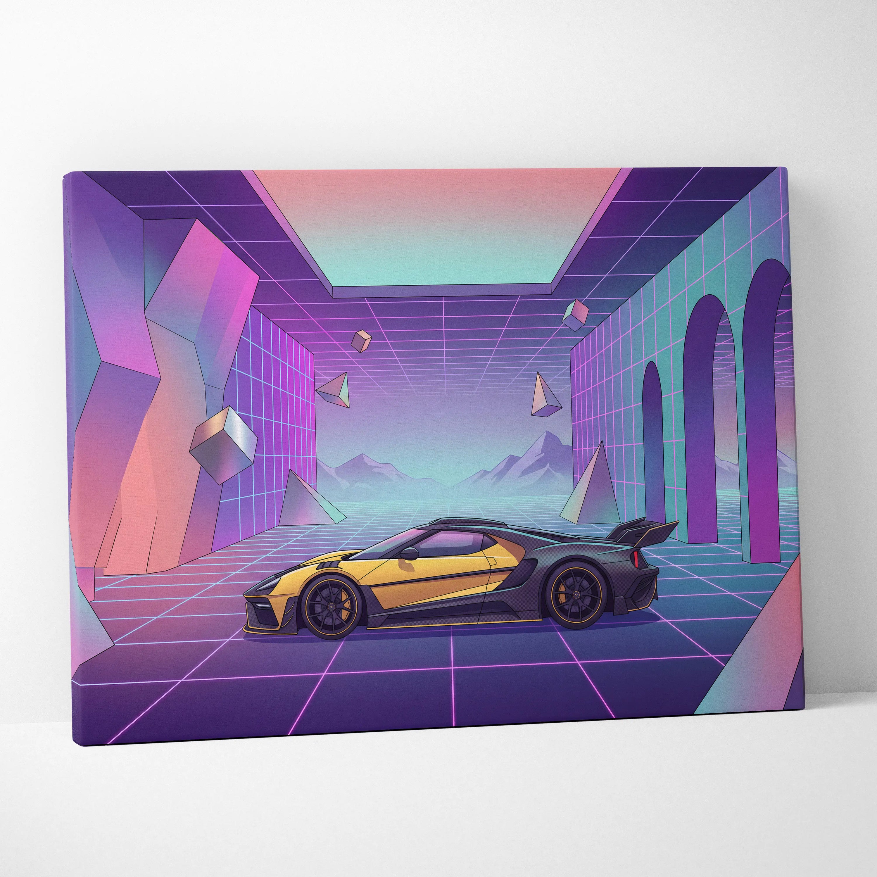 Ford GT Inspired Yellow Purple Canvas Wall Art, Pastel Vaporwave Supercar Artwork for Futuristic Garage Decor
