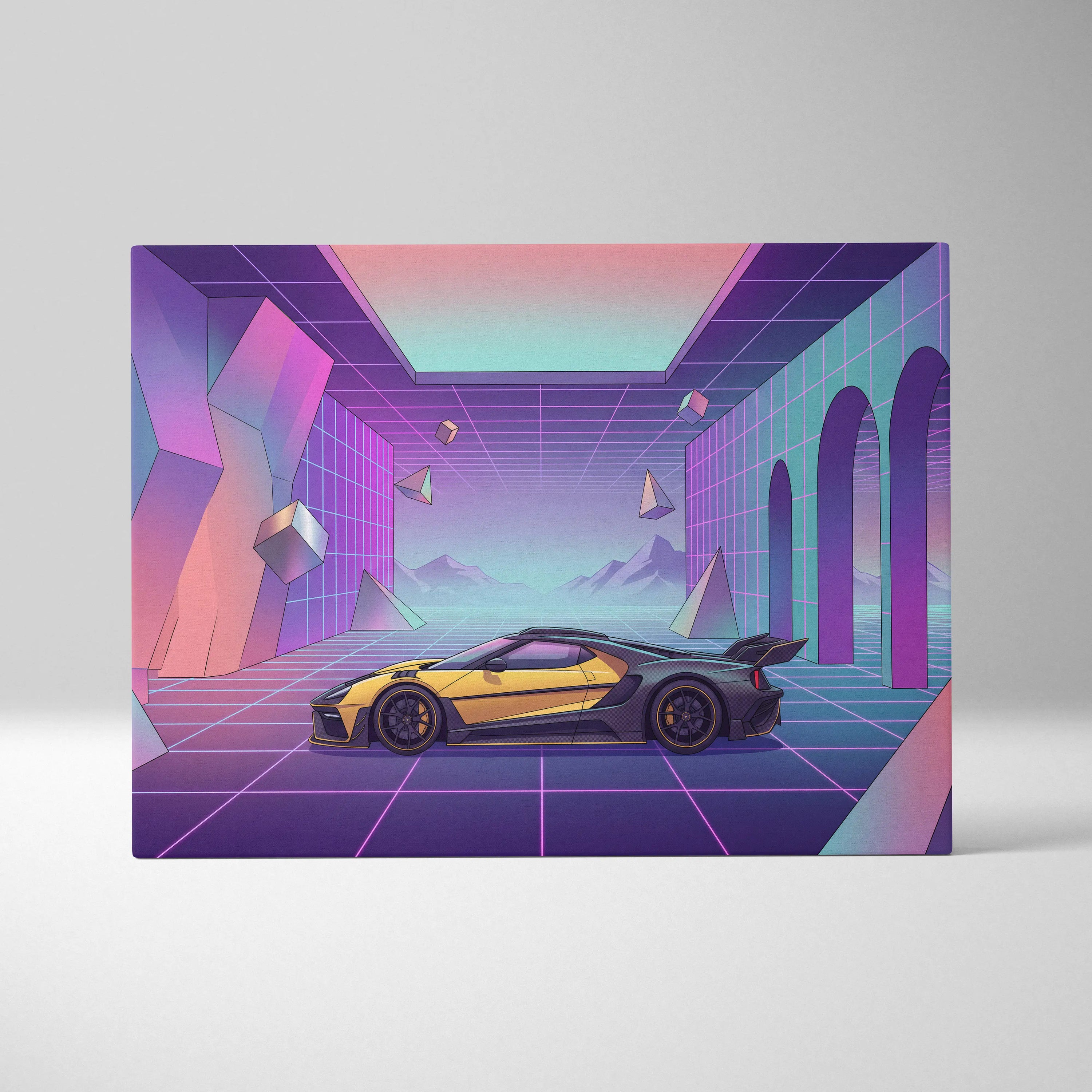 Ford GT Inspired Yellow Purple Canvas Wall Art, Pastel Vaporwave Supercar Artwork for Futuristic Garage Decor