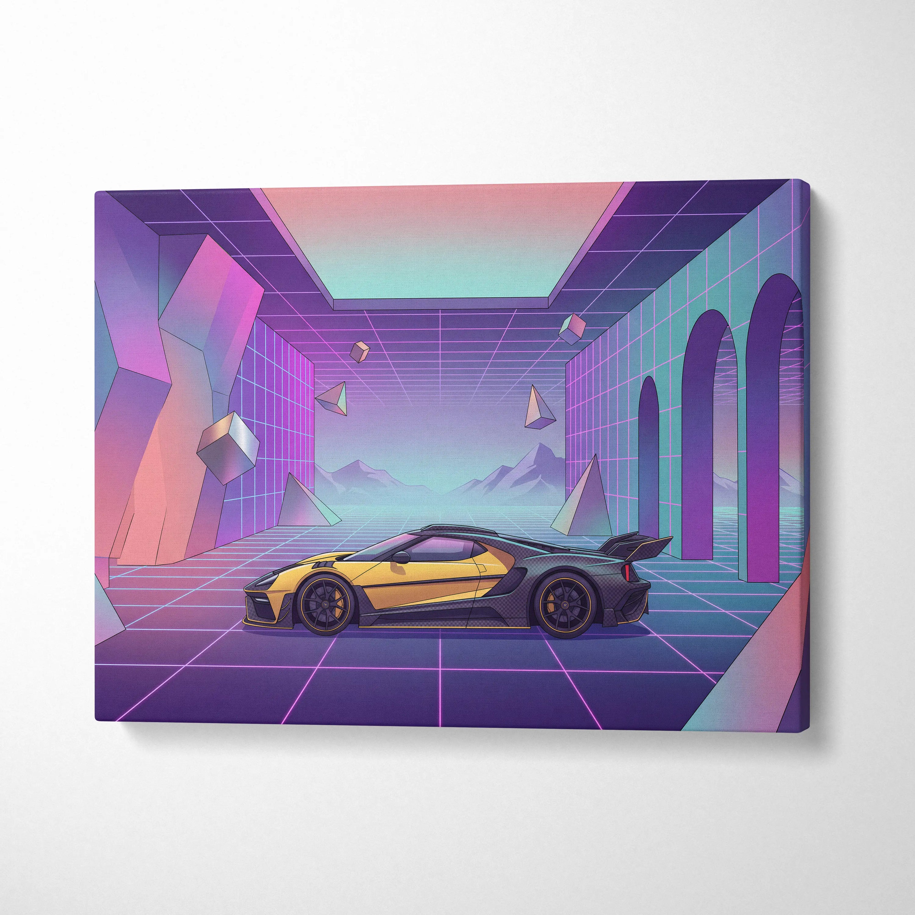 Ford GT Inspired Yellow Purple Canvas Wall Art, Pastel Vaporwave Supercar Artwork for Futuristic Garage Decor