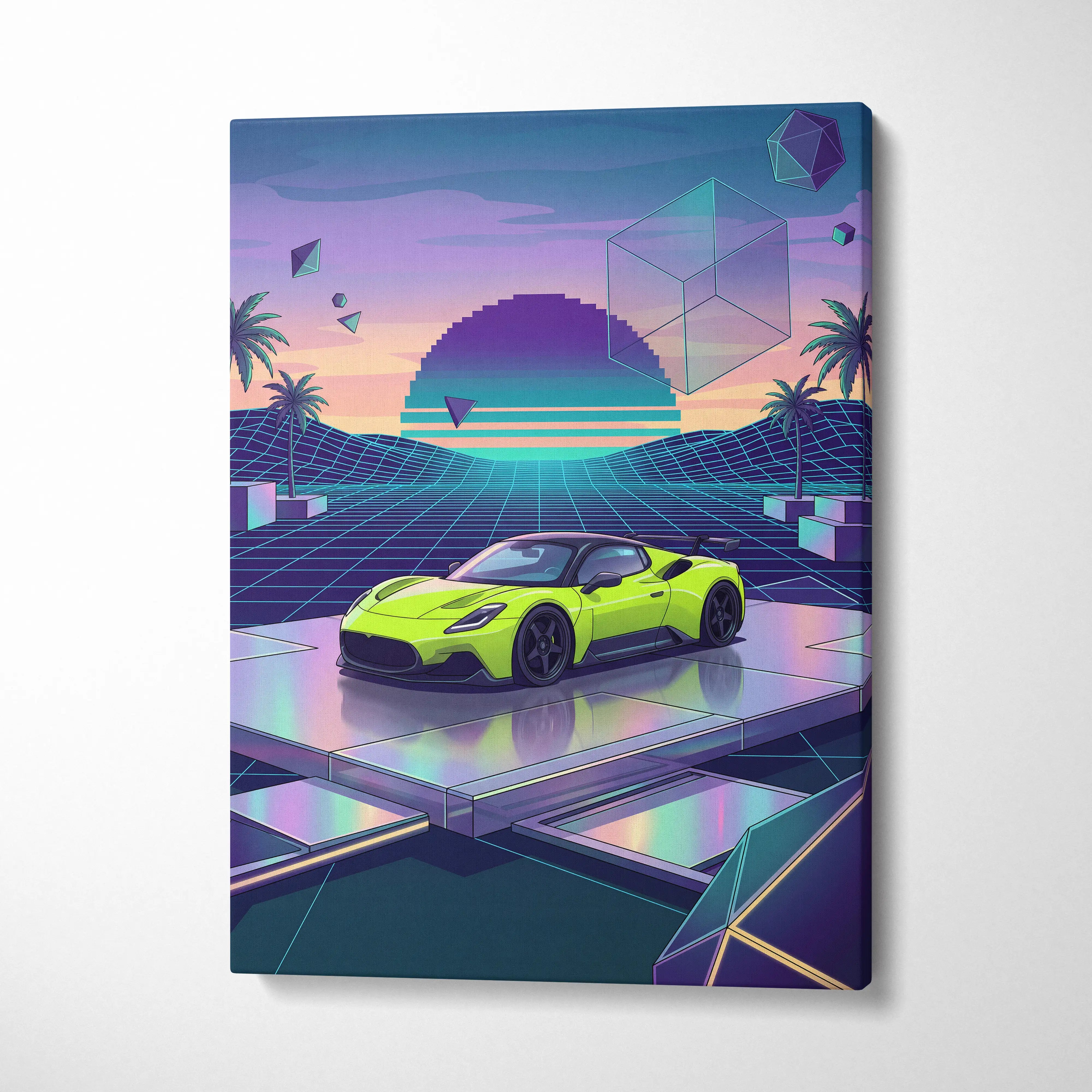 Maserati MC20 Inspired Lime Green Purple Canvas Wall Art, Retro Vaporwave Supercar Artwork for Futuristic Garage Decor