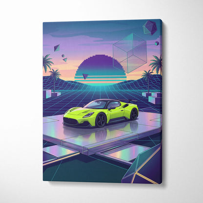 Maserati MC20 Inspired Lime Green Purple Canvas Wall Art, Retro Vaporwave Supercar Artwork for Futuristic Garage Decor