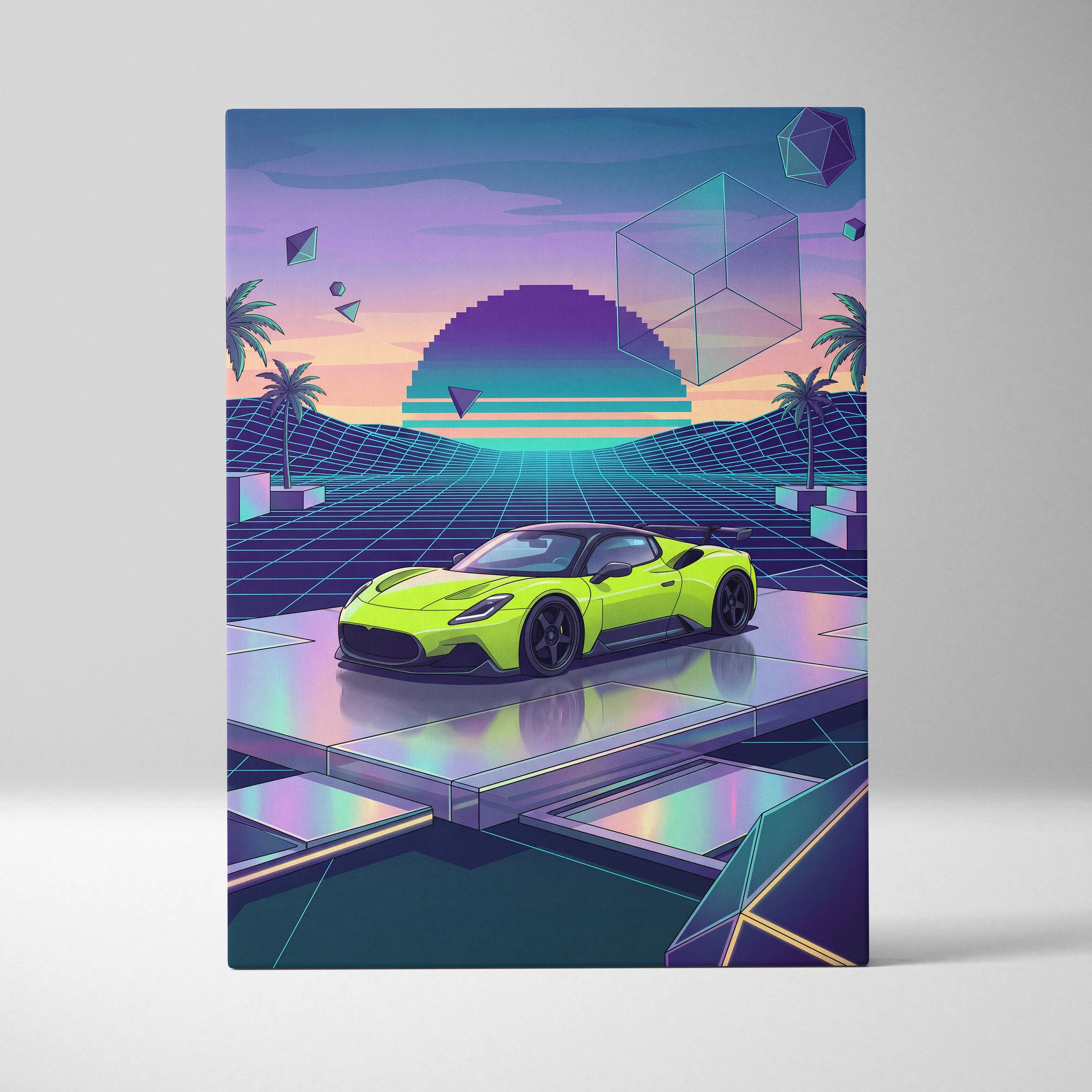 Maserati MC20 Inspired Lime Green Purple Canvas Wall Art, Retro Vaporwave Supercar Artwork for Futuristic Garage Decor