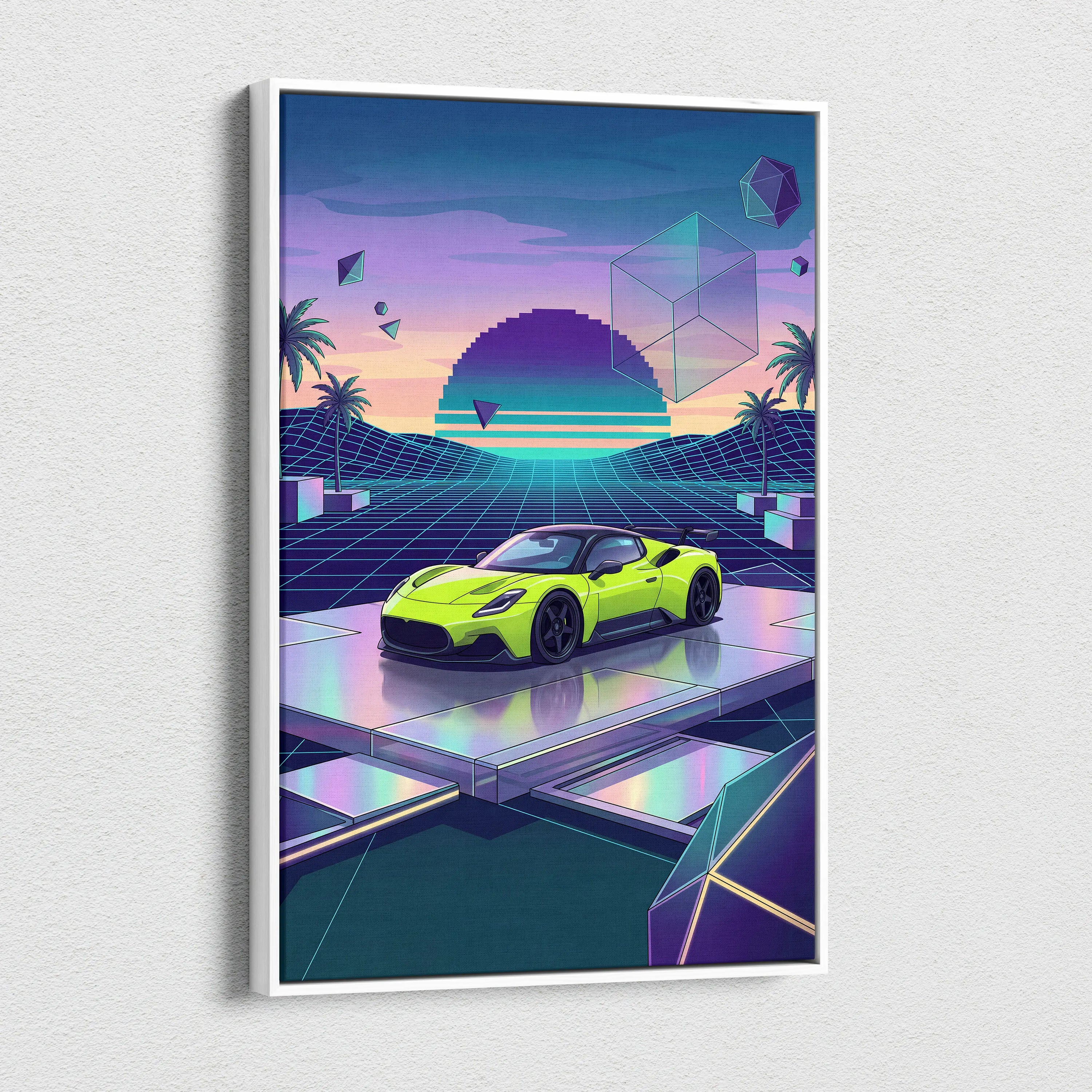 Maserati MC20 Inspired Lime Green Purple Canvas Wall Art, Retro Vaporwave Supercar Artwork for Futuristic Garage Decor