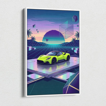 Maserati MC20 Inspired Lime Green Purple Canvas Wall Art, Retro Vaporwave Supercar Artwork for Futuristic Garage Decor