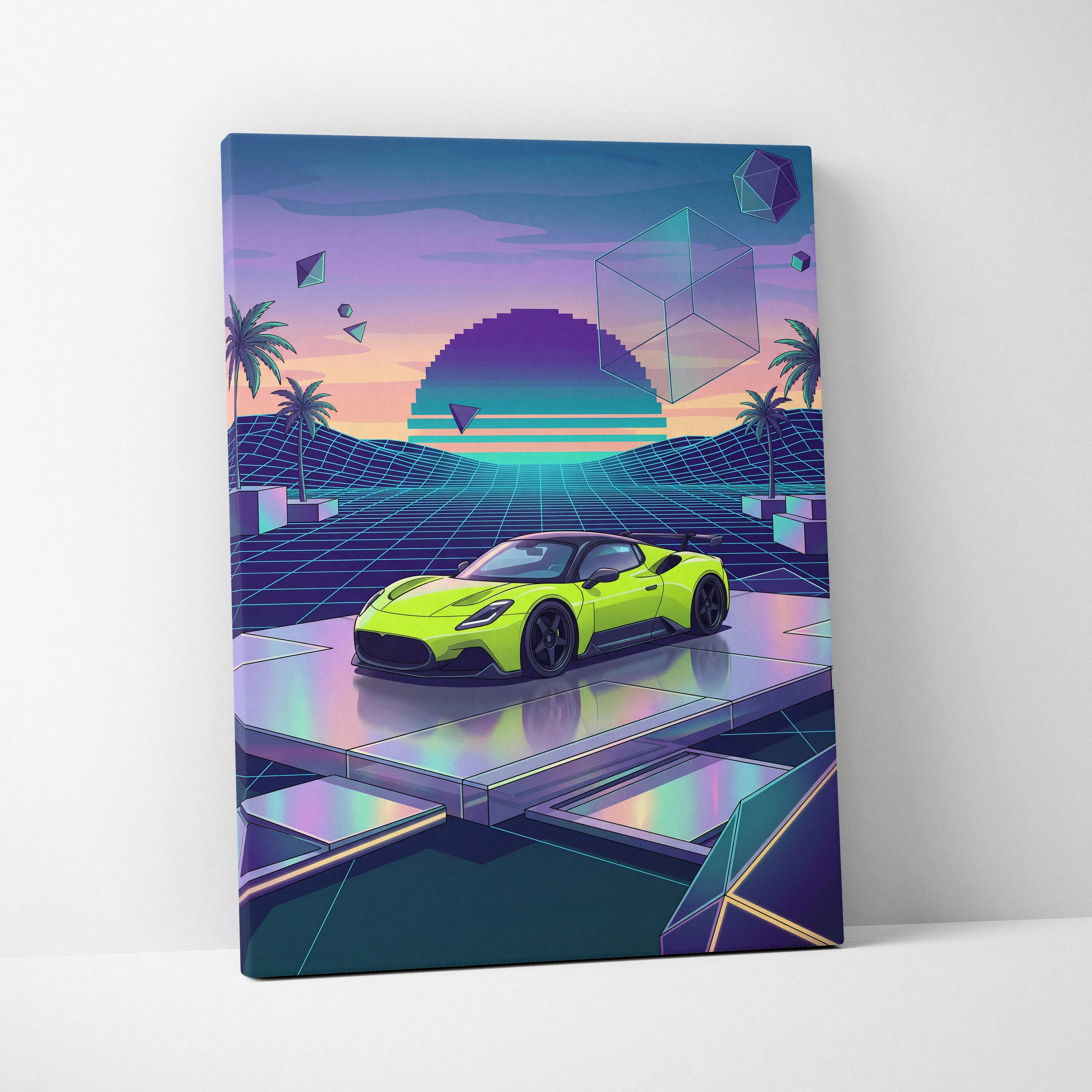 Maserati MC20 Inspired Lime Green Purple Canvas Wall Art, Retro Vaporwave Supercar Artwork for Futuristic Garage Decor