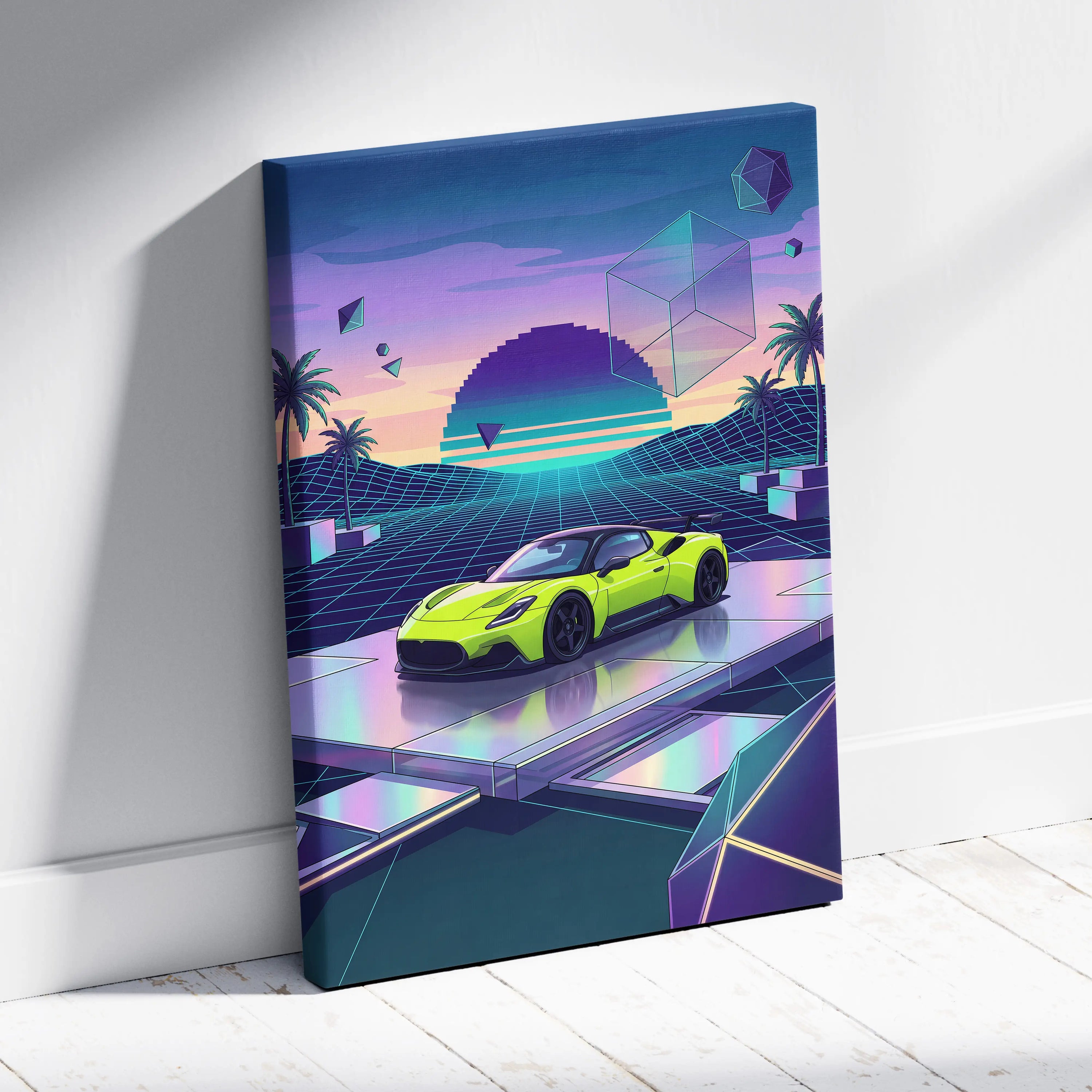 Maserati MC20 Inspired Lime Green Purple Canvas Wall Art, Retro Vaporwave Supercar Artwork for Futuristic Garage Decor
