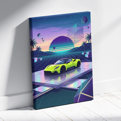 Maserati MC20 Inspired Lime Green Purple Canvas Wall Art, Retro Vaporwave Supercar Artwork for Futuristic Garage Decor