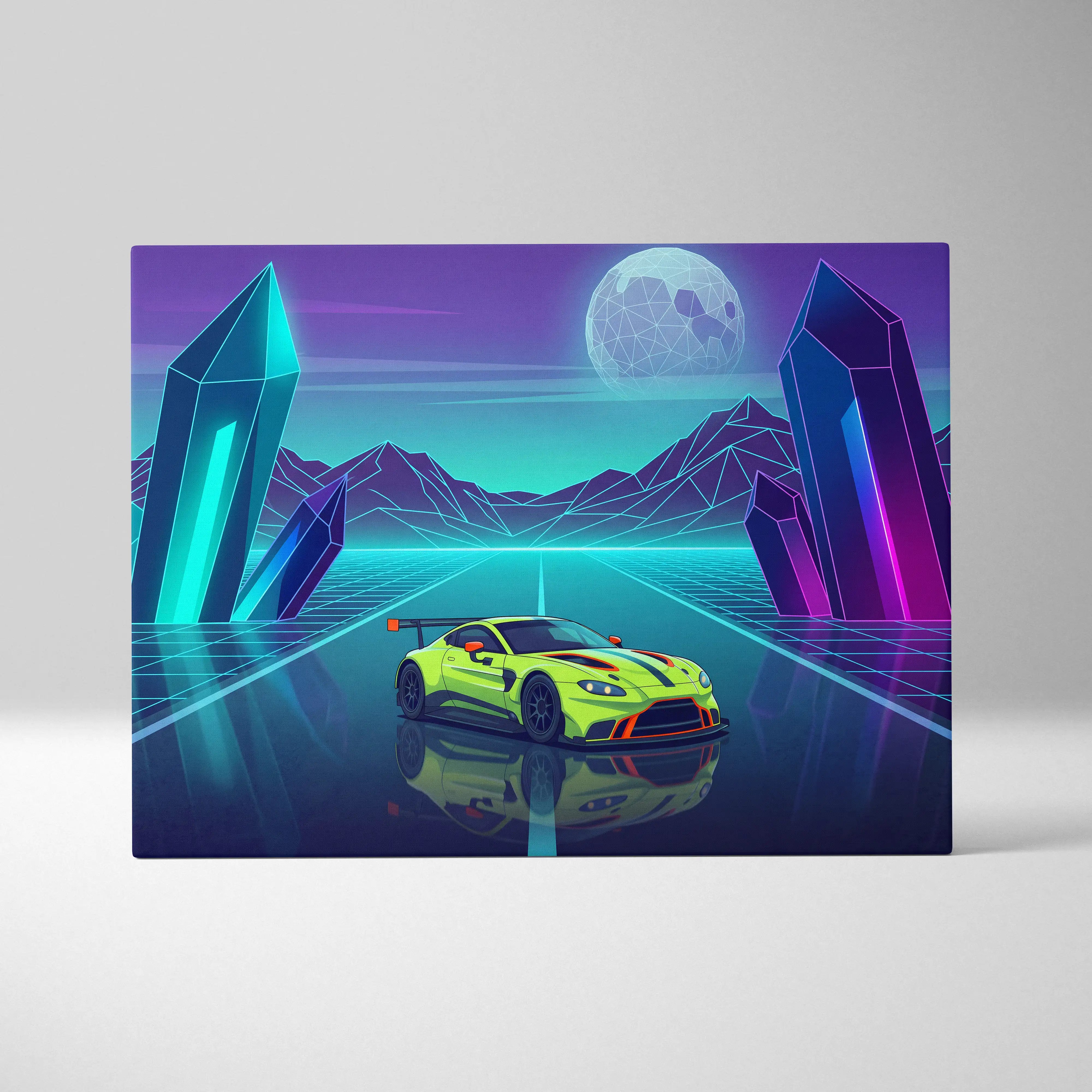 Aston Martin Vantage GT3 Inspired Lime Purple Canvas Wall Art Vaporwave Race Car Artwork Neon Crystal Garage Decor Futuristic Motorsport Print