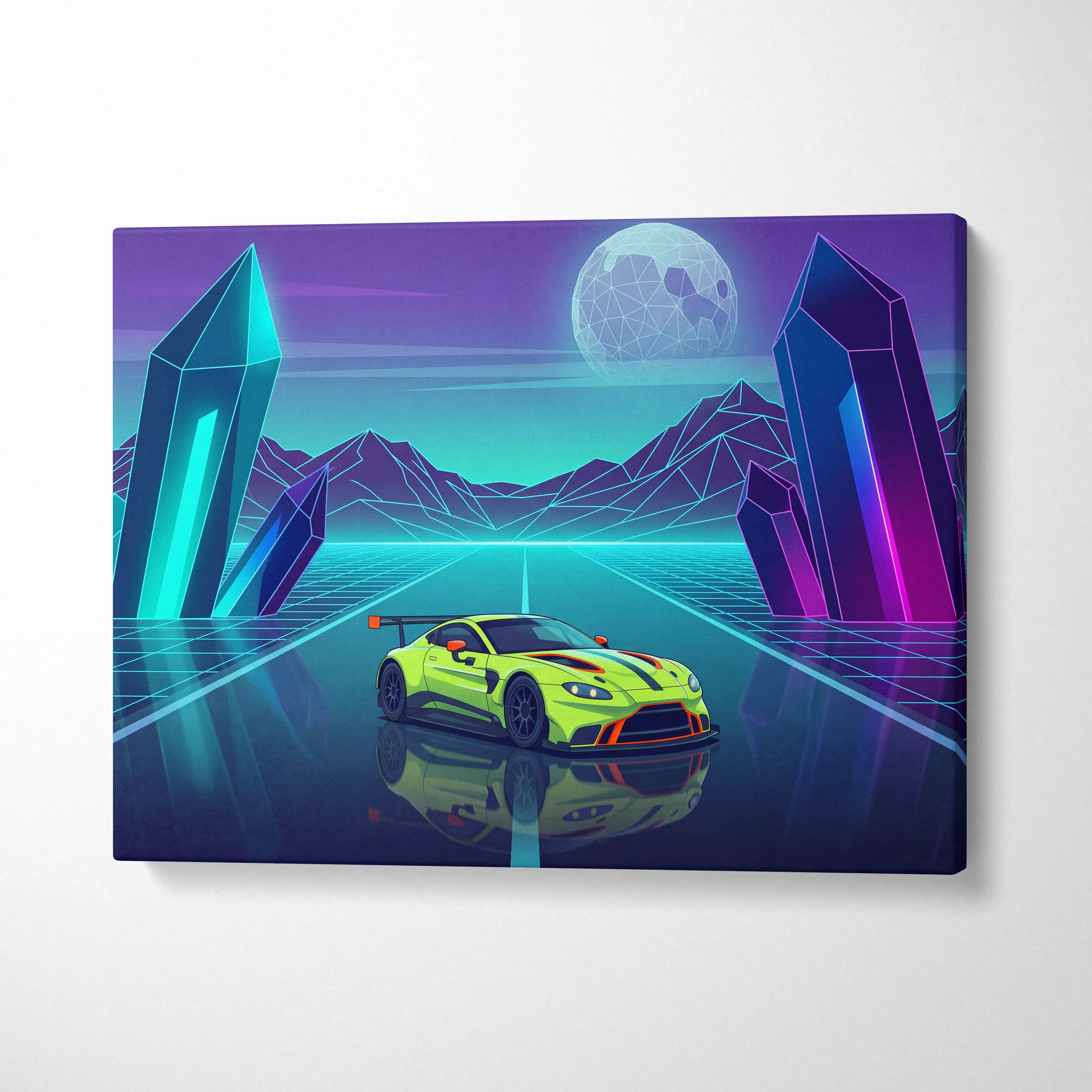 Aston Martin Vantage GT3 Inspired Lime Purple Canvas Wall Art Vaporwave Race Car Artwork Neon Crystal Garage Decor Futuristic Motorsport Print
