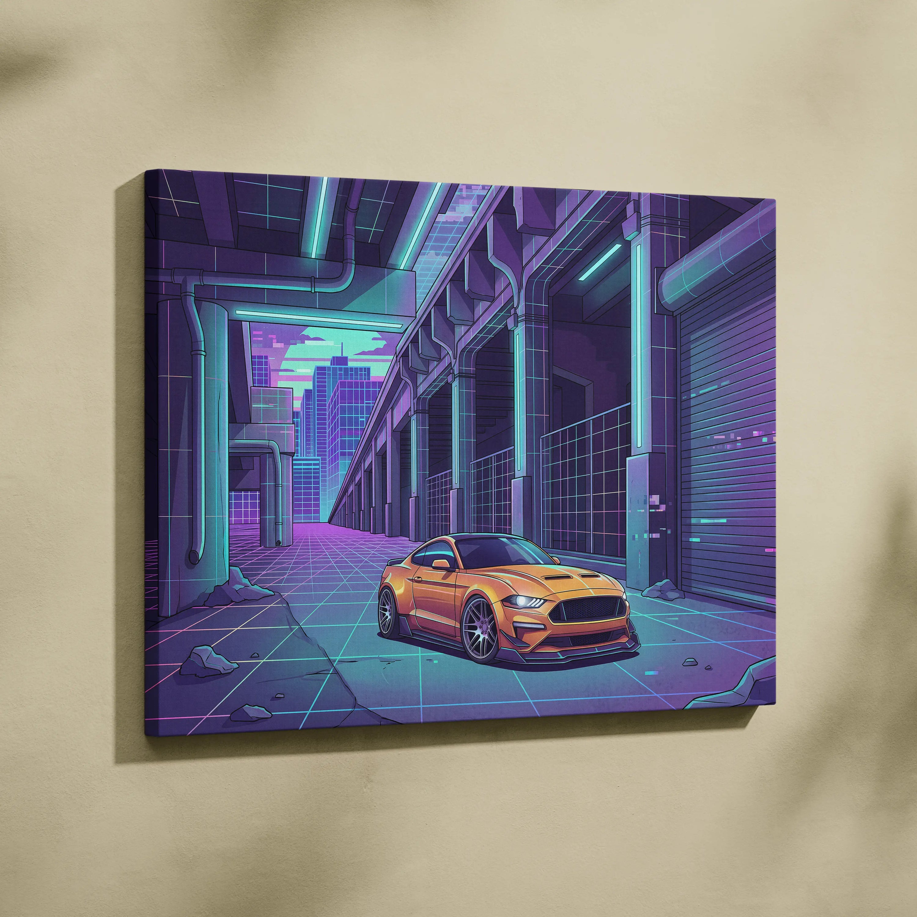 Ford Mustang Inspired Orange Purple Canvas Wall Art Vaporwave Muscle Car Artwork Neon Cyberpunk Garage Decor Futuristic City Print