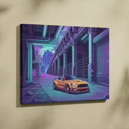 Ford Mustang Inspired Orange Purple Canvas Wall Art Vaporwave Muscle Car Artwork Neon Cyberpunk Garage Decor Futuristic City Print