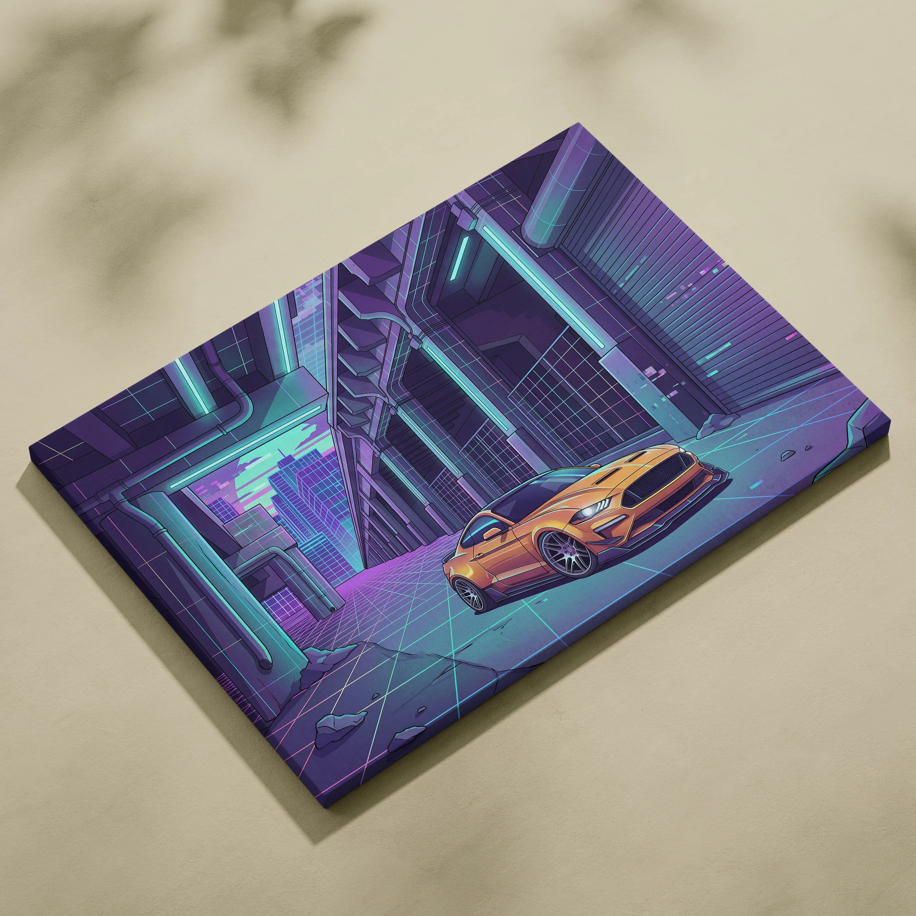 Ford Mustang Inspired Orange Purple Canvas Wall Art Vaporwave Muscle Car Artwork Neon Cyberpunk Garage Decor Futuristic City Print