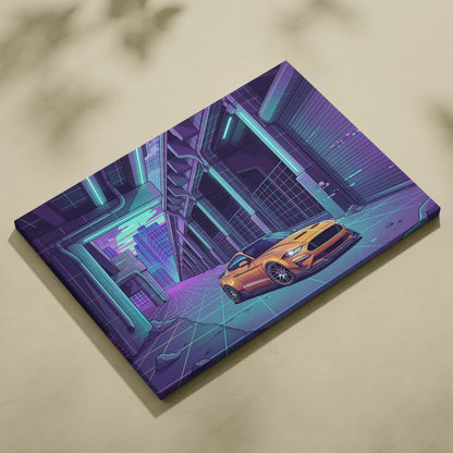 Ford Mustang Inspired Orange Purple Canvas Wall Art Vaporwave Muscle Car Artwork Neon Cyberpunk Garage Decor Futuristic City Print
