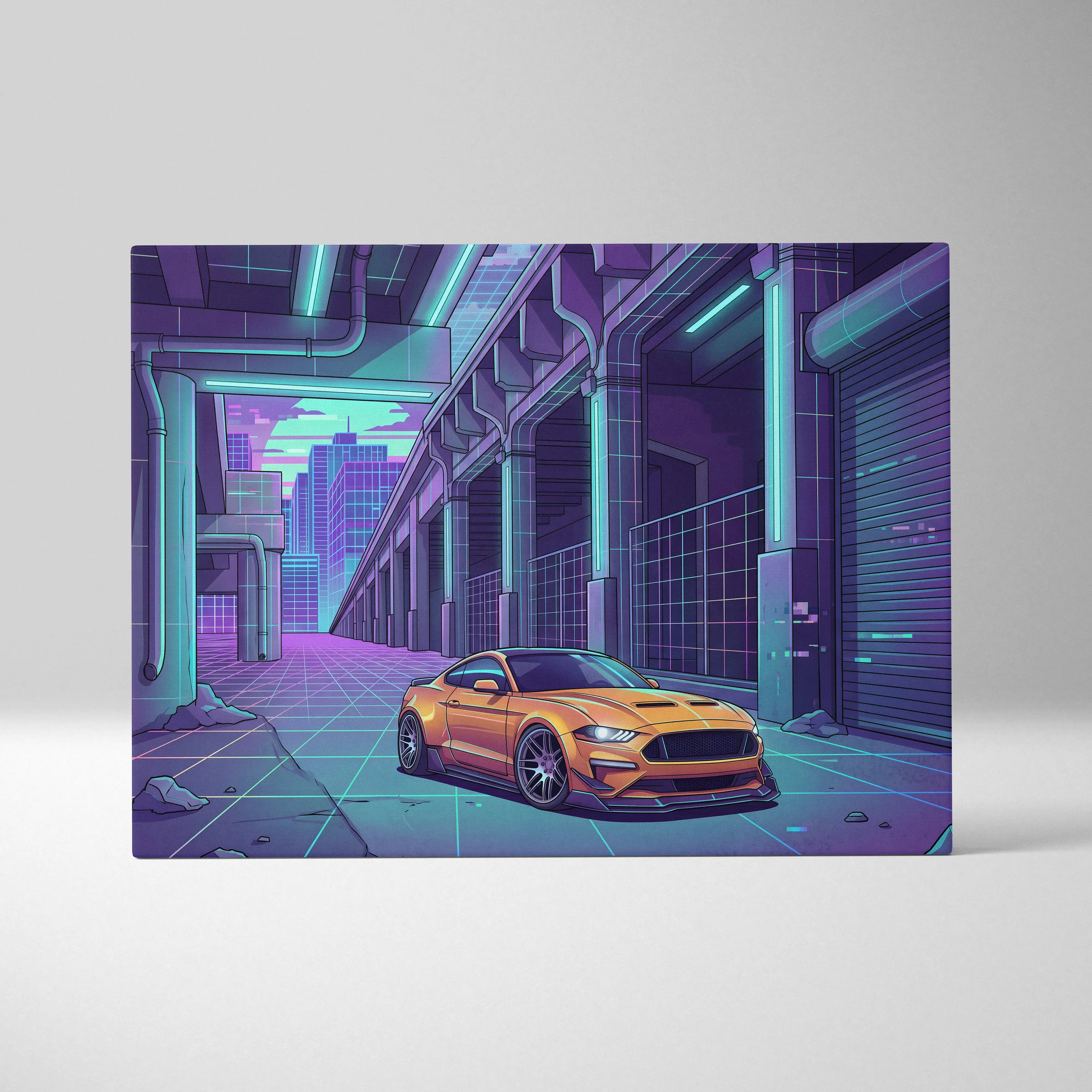 Ford Mustang Inspired Orange Purple Canvas Wall Art Vaporwave Muscle Car Artwork Neon Cyberpunk Garage Decor Futuristic City Print