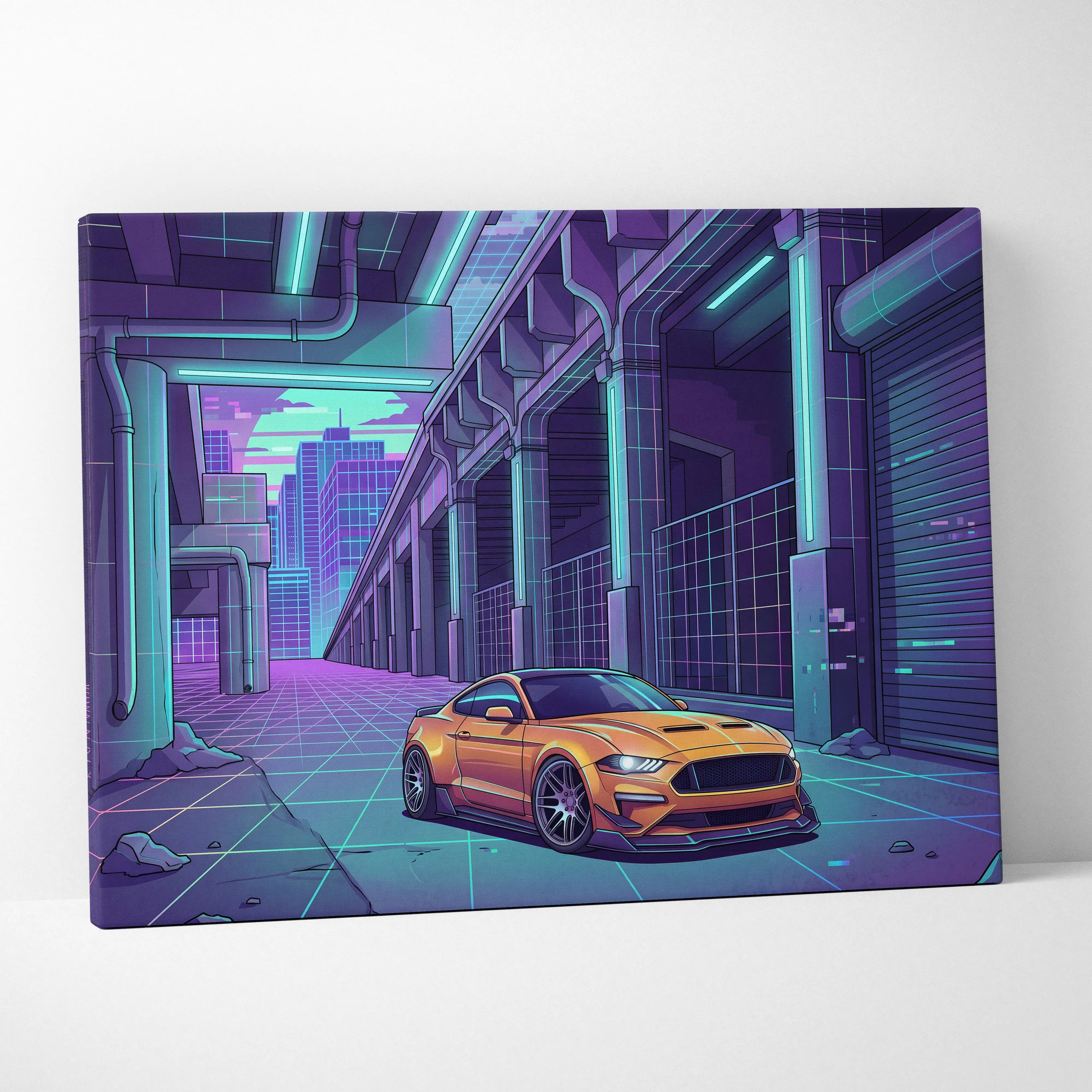Ford Mustang Inspired Orange Purple Canvas Wall Art Vaporwave Muscle Car Artwork Neon Cyberpunk Garage Decor Futuristic City Print