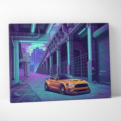 Ford Mustang Inspired Orange Purple Canvas Wall Art Vaporwave Muscle Car Artwork Neon Cyberpunk Garage Decor Futuristic City Print