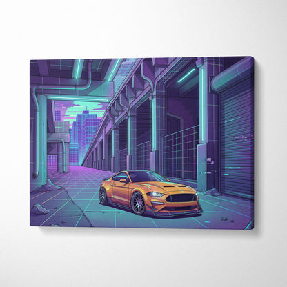 Ford Mustang Inspired Orange Purple Canvas Wall Art Vaporwave Muscle Car Artwork Neon Cyberpunk Garage Decor Futuristic City Print