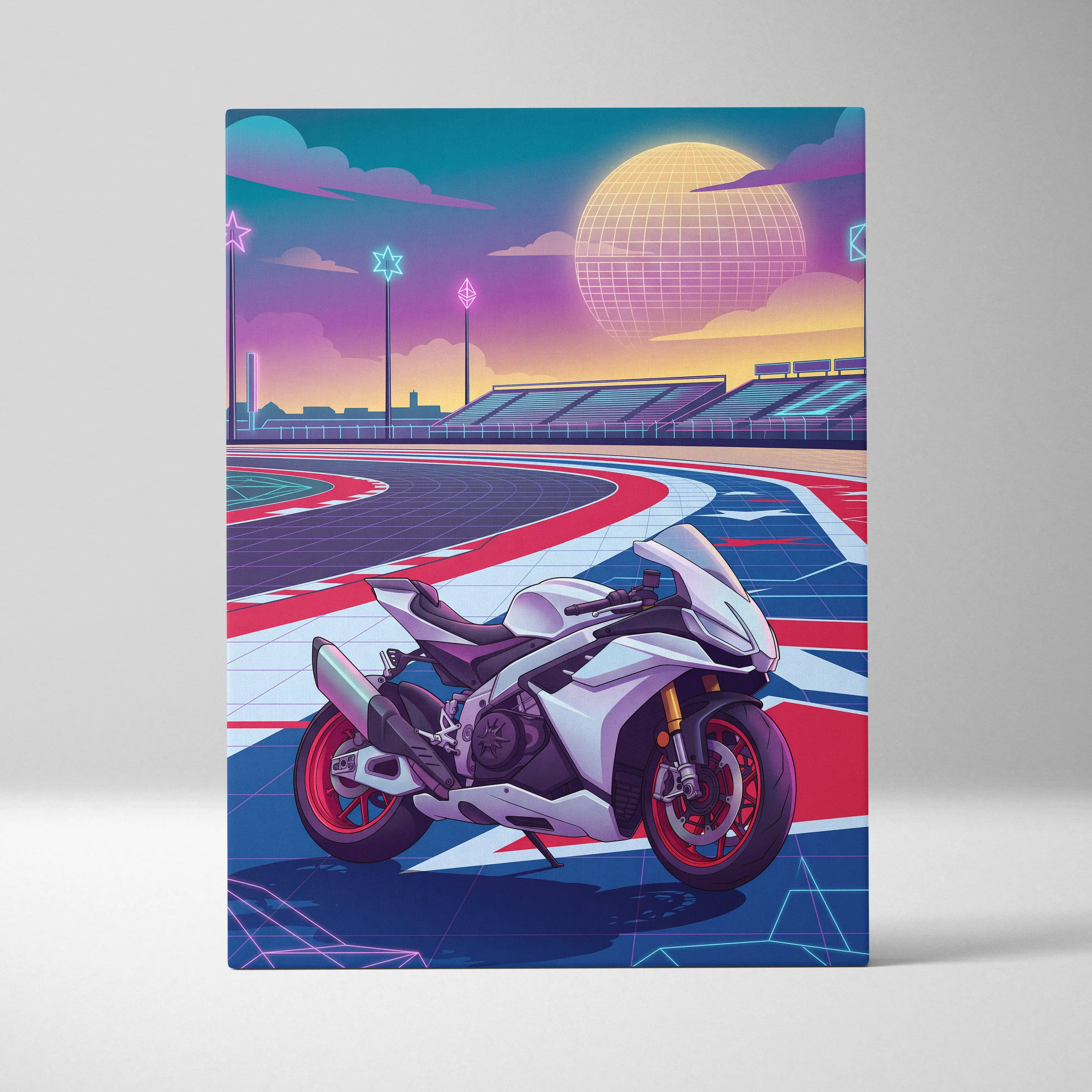 Aprilia RSV4 Inspired White Red Vaporwave Motorcycle Canvas Wall Art Neon Track Sportbike Artwork Retro Futuristic Garage Decor